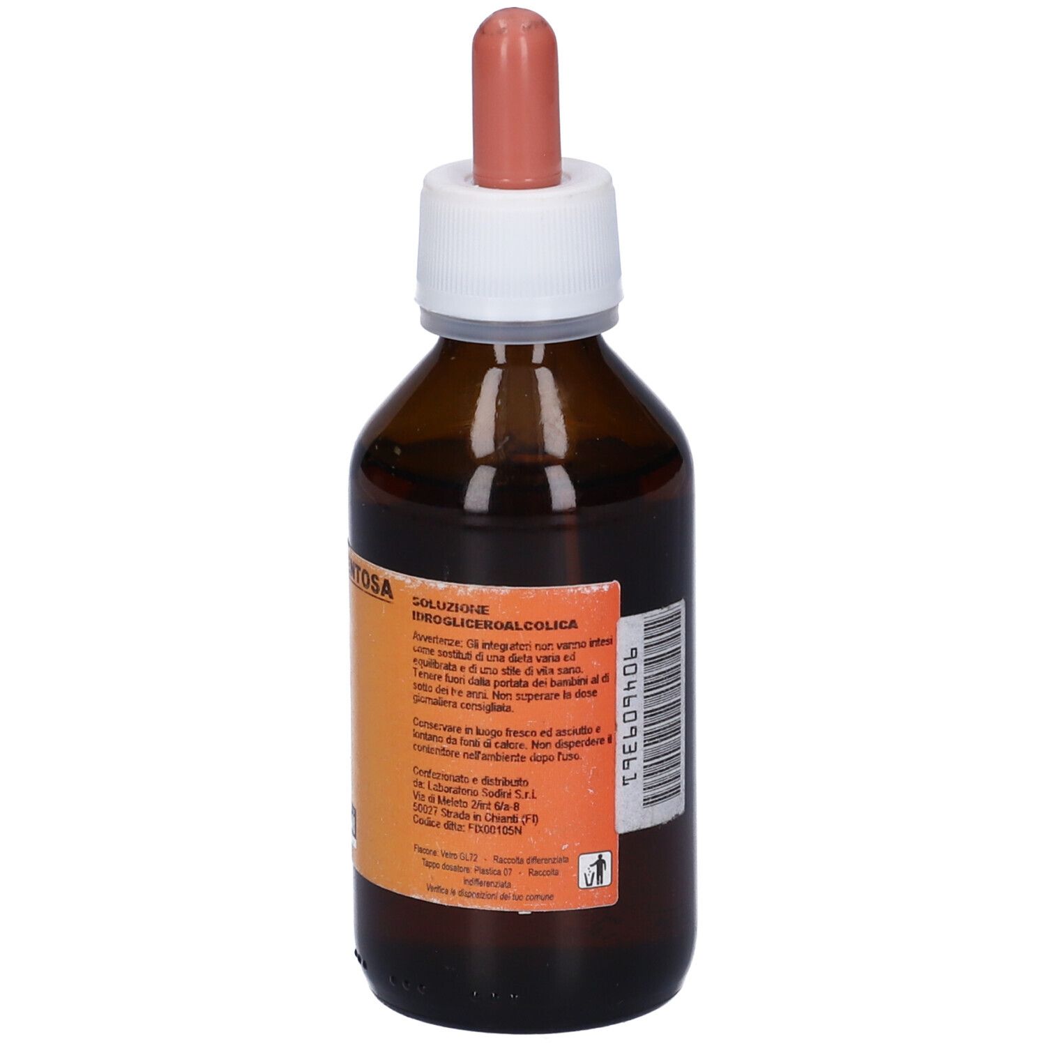 Flacone di vetro marrone con contagocce. Etichetta gialla con testo. Scritta: Soluzione Idrogliceralcolica.