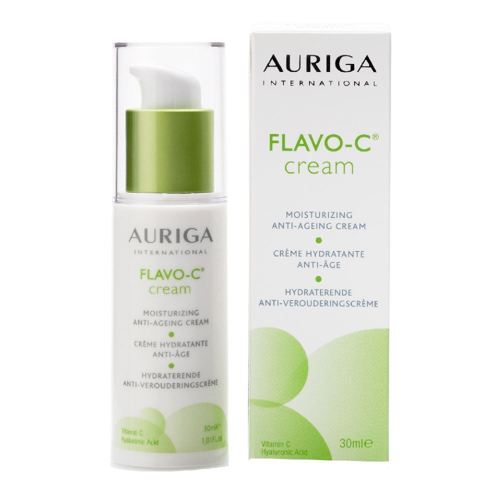 Flacone e scatola di crema. Scritta: Flavo-C cream, Auriga International. Contiene vitamina C. 30ml.