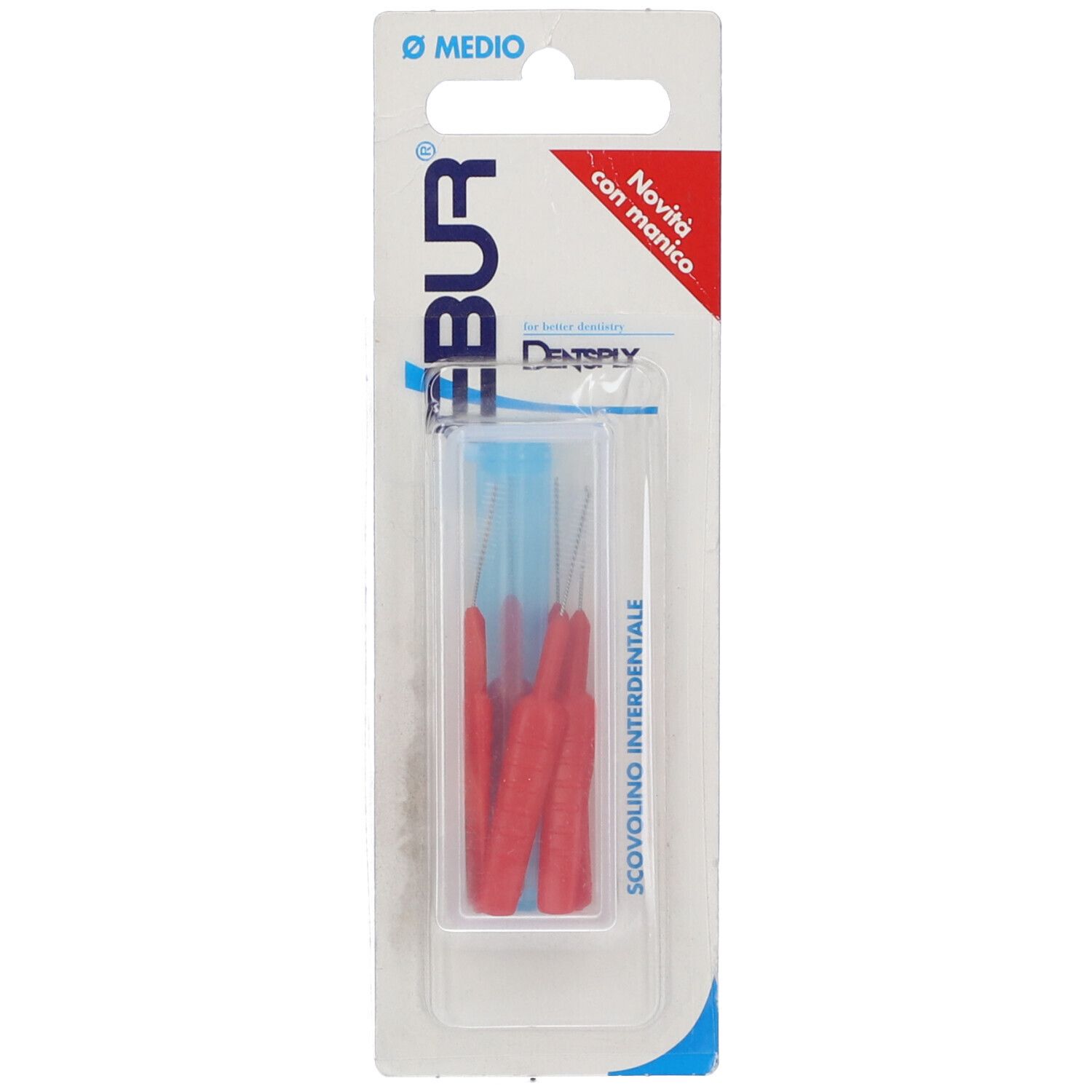 Confezione con spazzolini interdentali rossi e blu. Marchio Ebur, Dentsply. Scritto "Scovolino Interdentale".