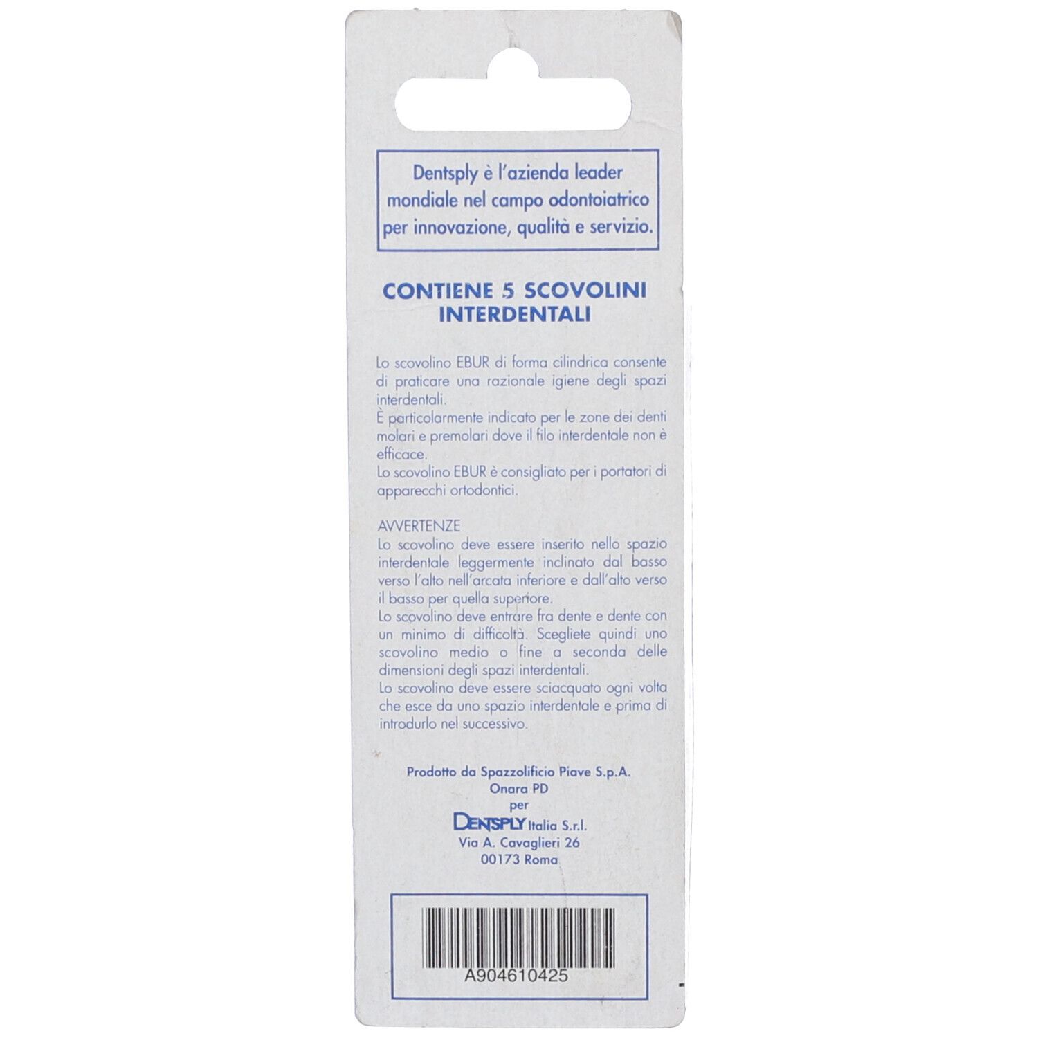 Retro della confezione con testo. Contiene informazioni sugli spazzolini interdentali. Marchio Dentsply.