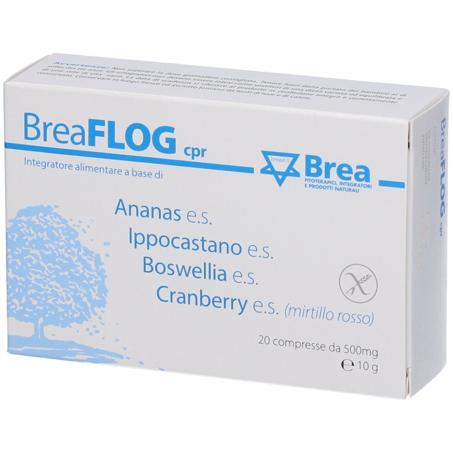 Scatola bianca con nome del prodotto e ingredienti. 20 compresse. Grafica albero.