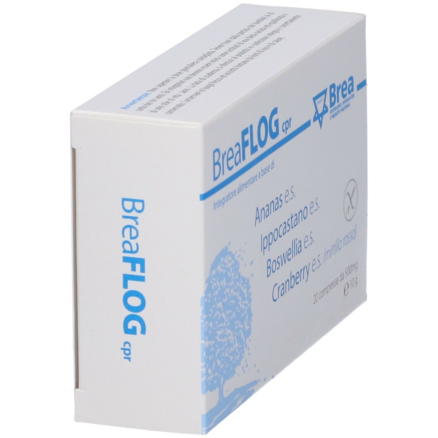 Scatola bianca con nome del prodotto e ingredienti. 20 compresse. Grafica albero.