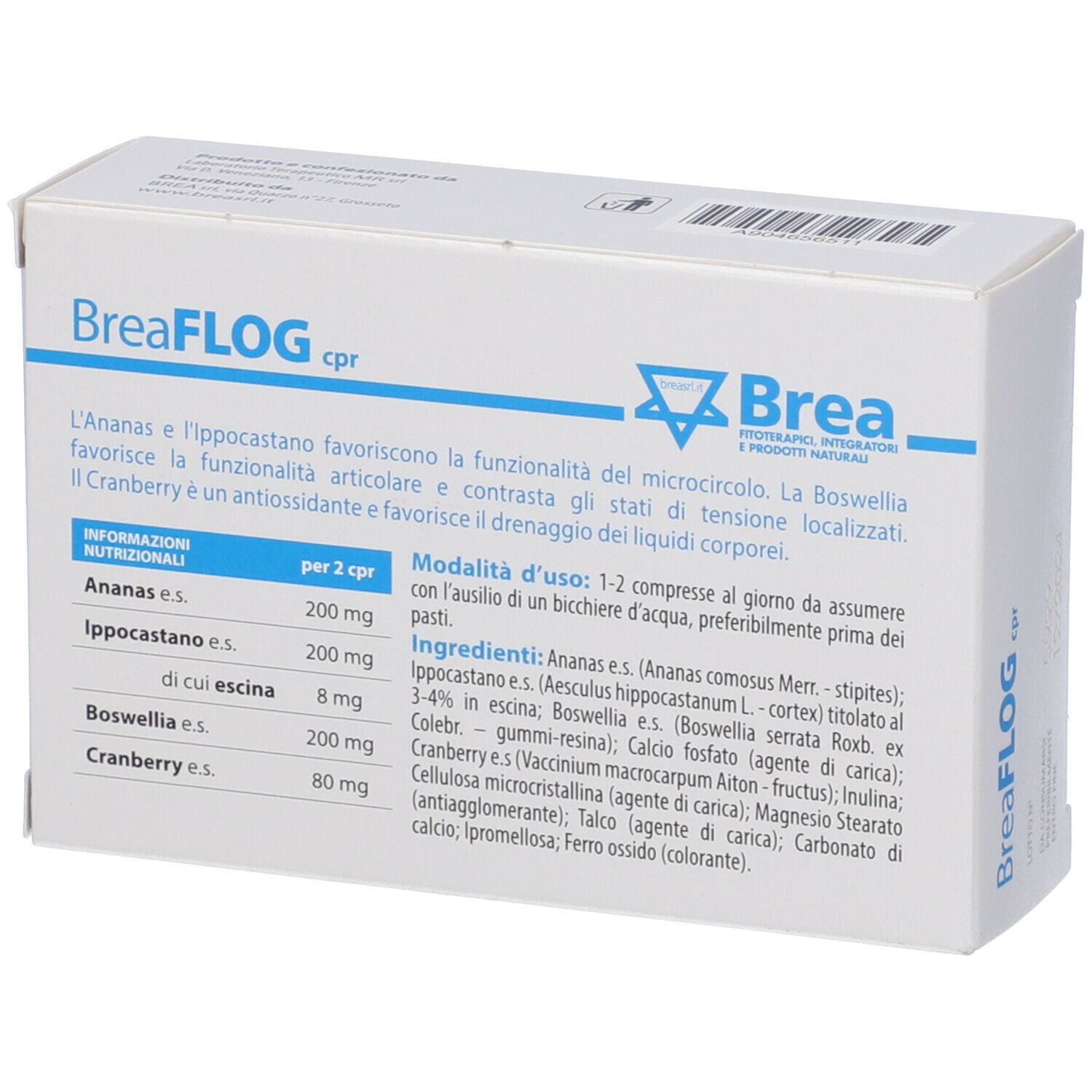 Scatola bianca con nome del prodotto e ingredienti. 20 compresse. Grafica albero.