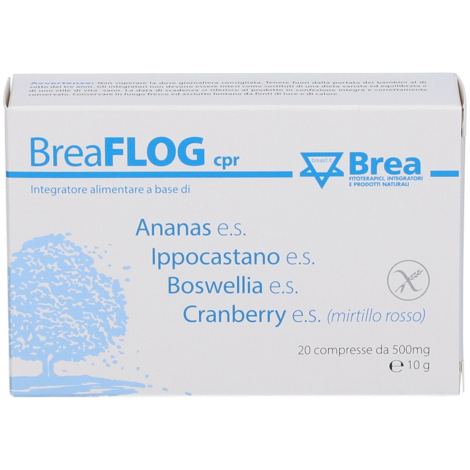 Scatola bianca con nome del prodotto e ingredienti. 20 compresse. Grafica albero.