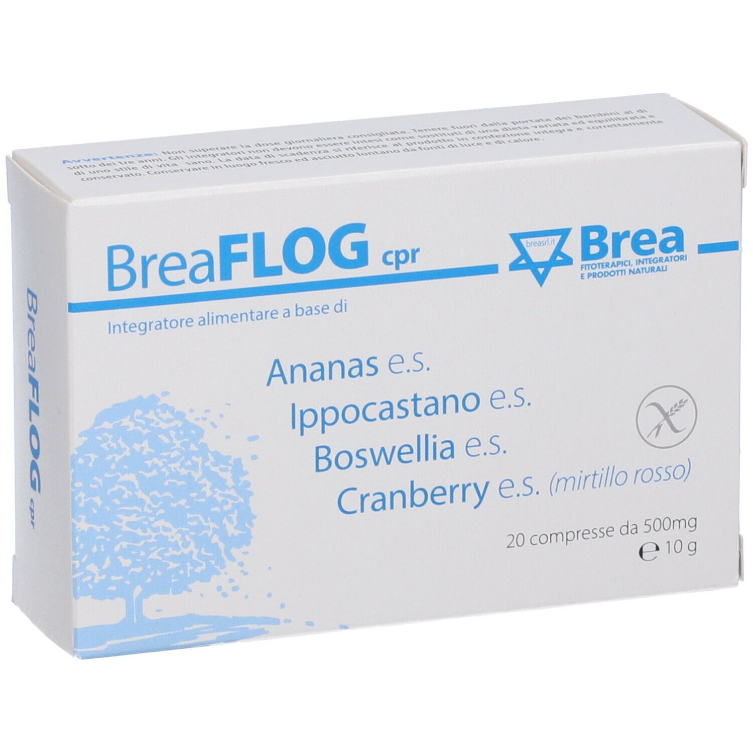 Scatola bianca con nome del prodotto e ingredienti. 20 compresse. Grafica albero.