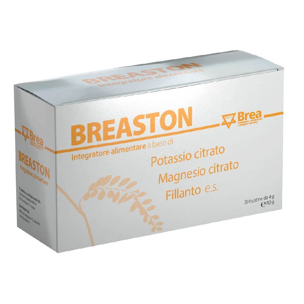 Scatola bianca con scritta arancione BREASTON. Contiene 20 bustine. Scritta: Integratore alimentare a base di.