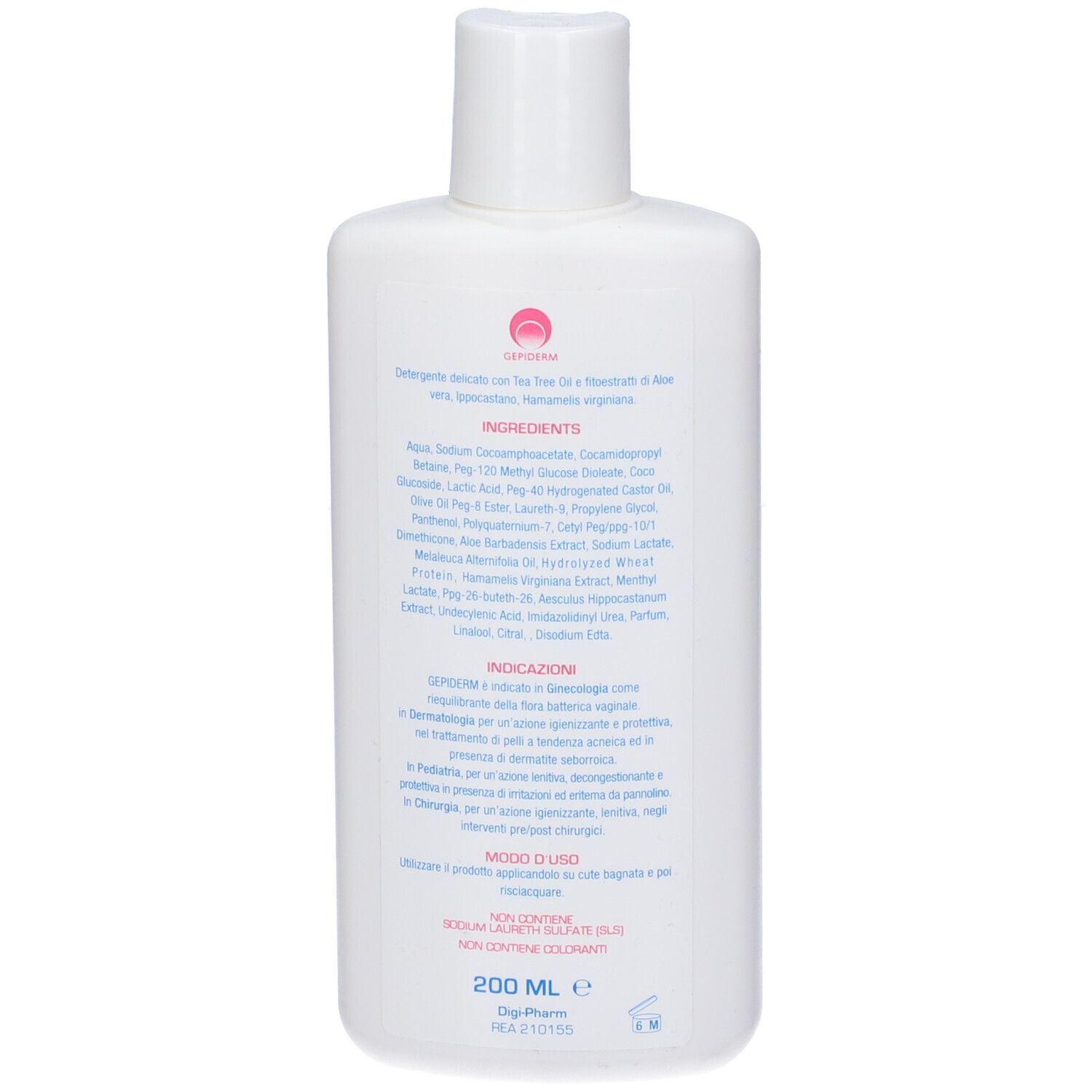 Retro del flacone bianco. Testo: Ingredienti, Indicazioni, Modo d'uso. 200 ml. Logo Digipharm.