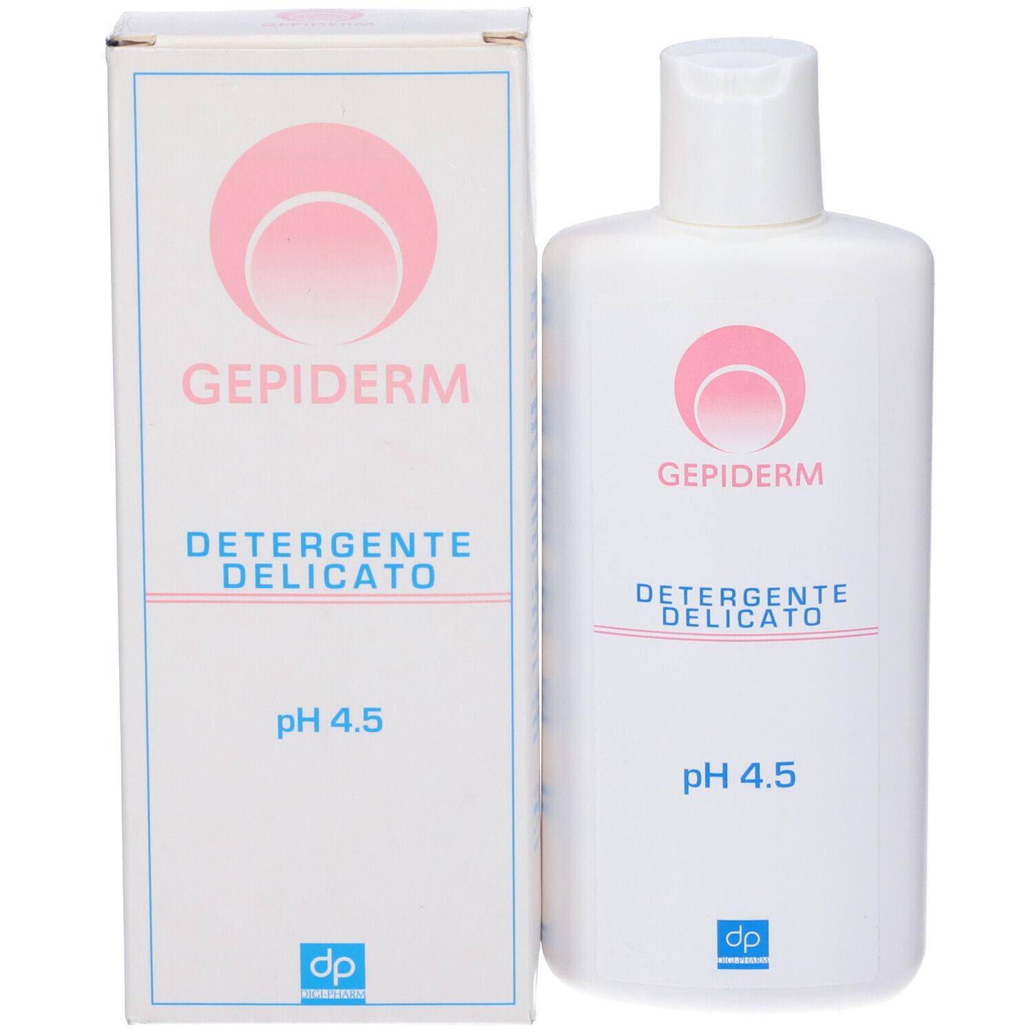 Prodotto e confezione. Flacone bianco e scatola con logo rosa e testo: Gepiderm, Detergente Delicato, pH 4.5.