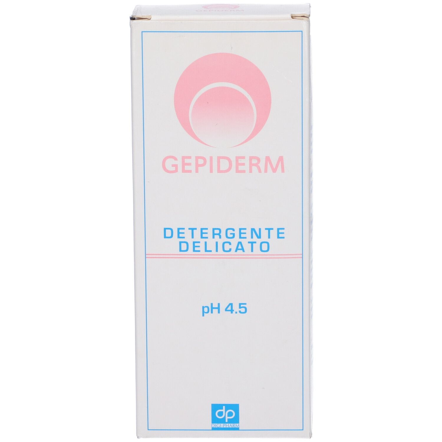 Confezione in cartone. Logo rosa e testo: Gepiderm, Detergente Delicato, pH 4.5. Logo blu in basso.