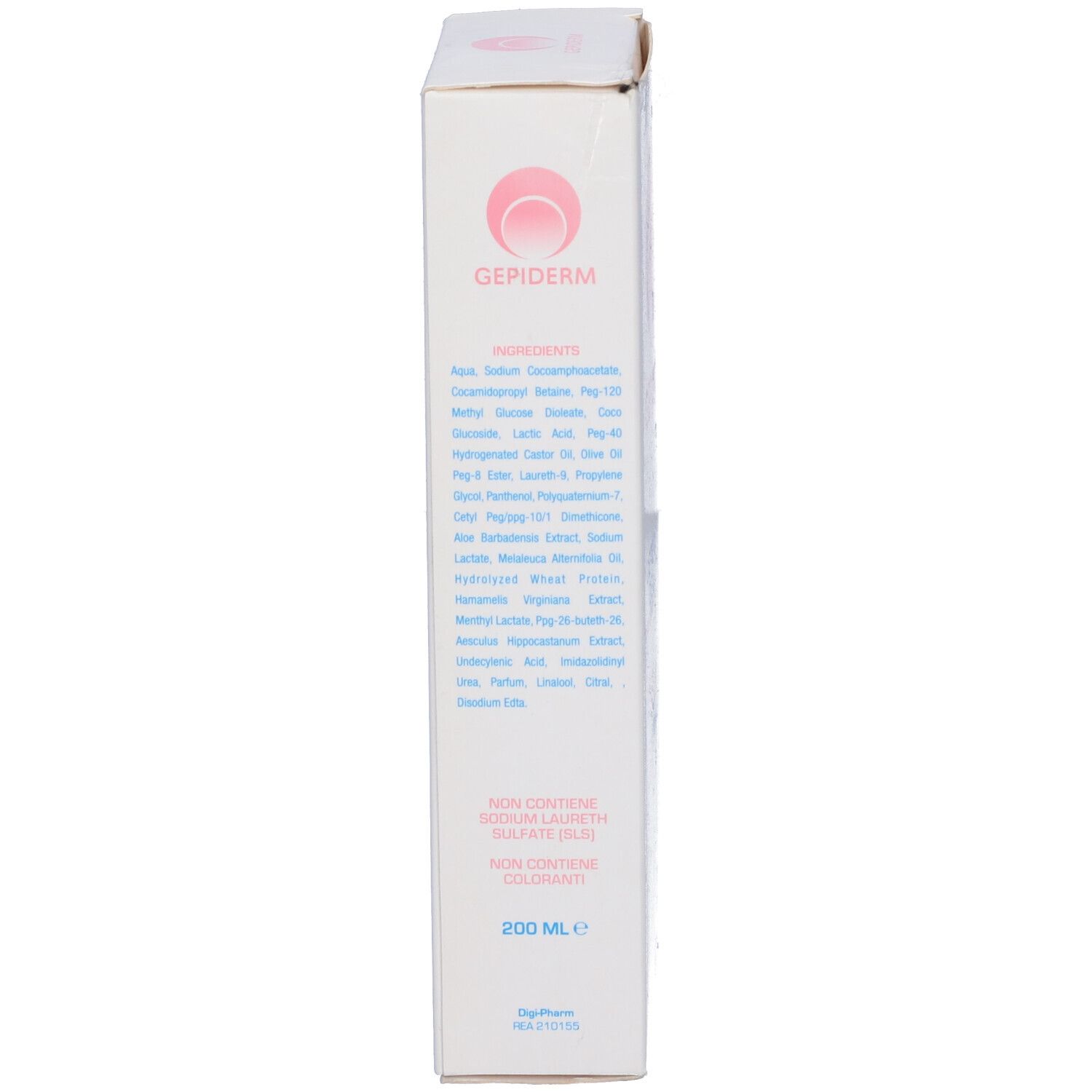 Confezione in cartone. Testo: Ingredienti. Logo rosa e testo: Gepiderm, Detergente Delicato. 200 ml. Logo Digipharm.