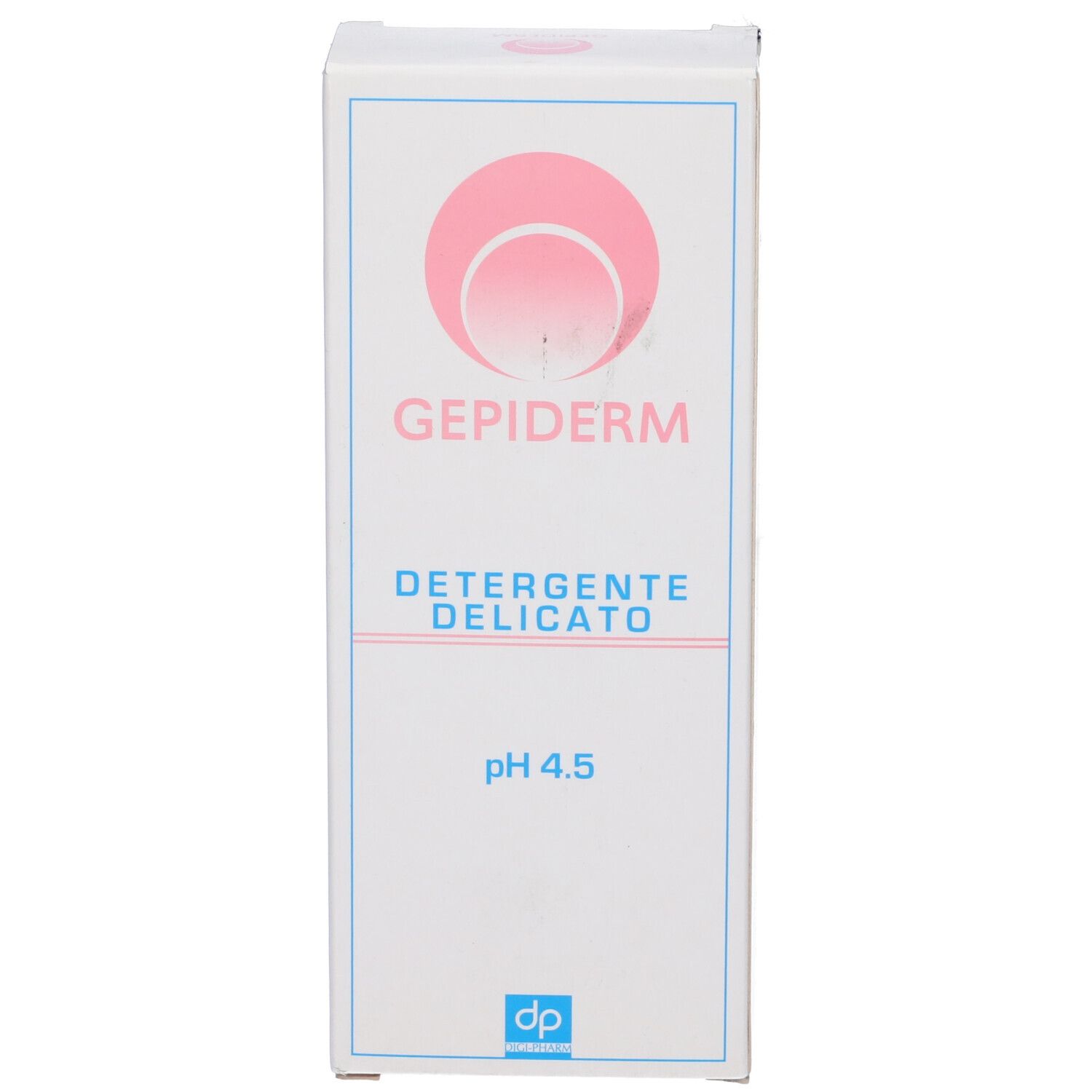Confezione in cartone. Logo rosa e testo: Gepiderm, Detergente Delicato, pH 4.5. Logo blu in basso.