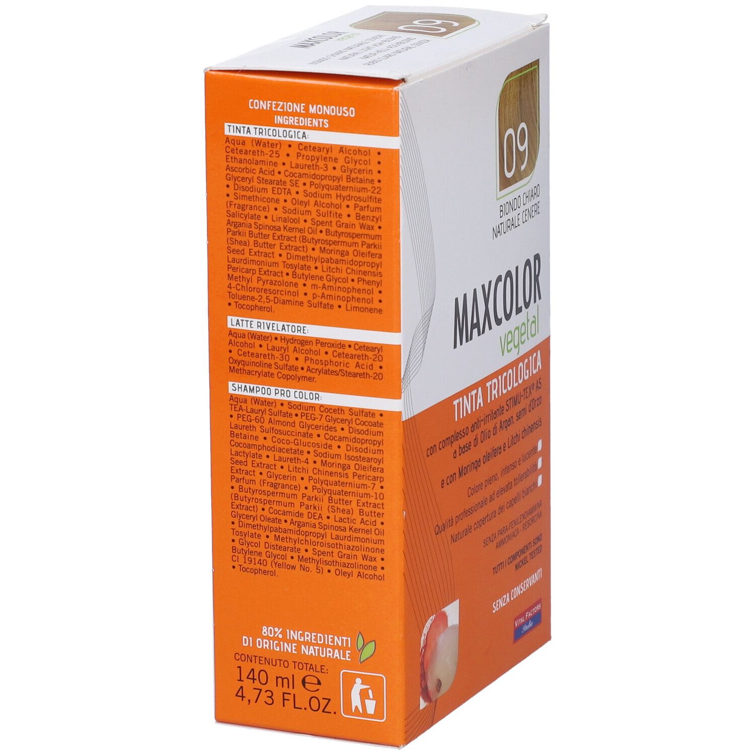 Scatola tinta per capelli Max Color Vegetal. Ingredienti e volume. Vista laterale con informazioni.