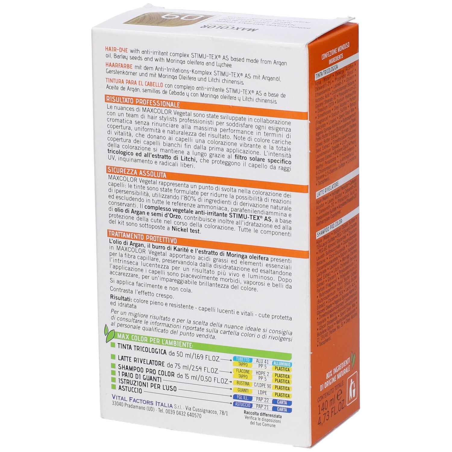 Scatola tinta per capelli Max Color Vegetal. Ingredienti. Vista laterale con informazioni.