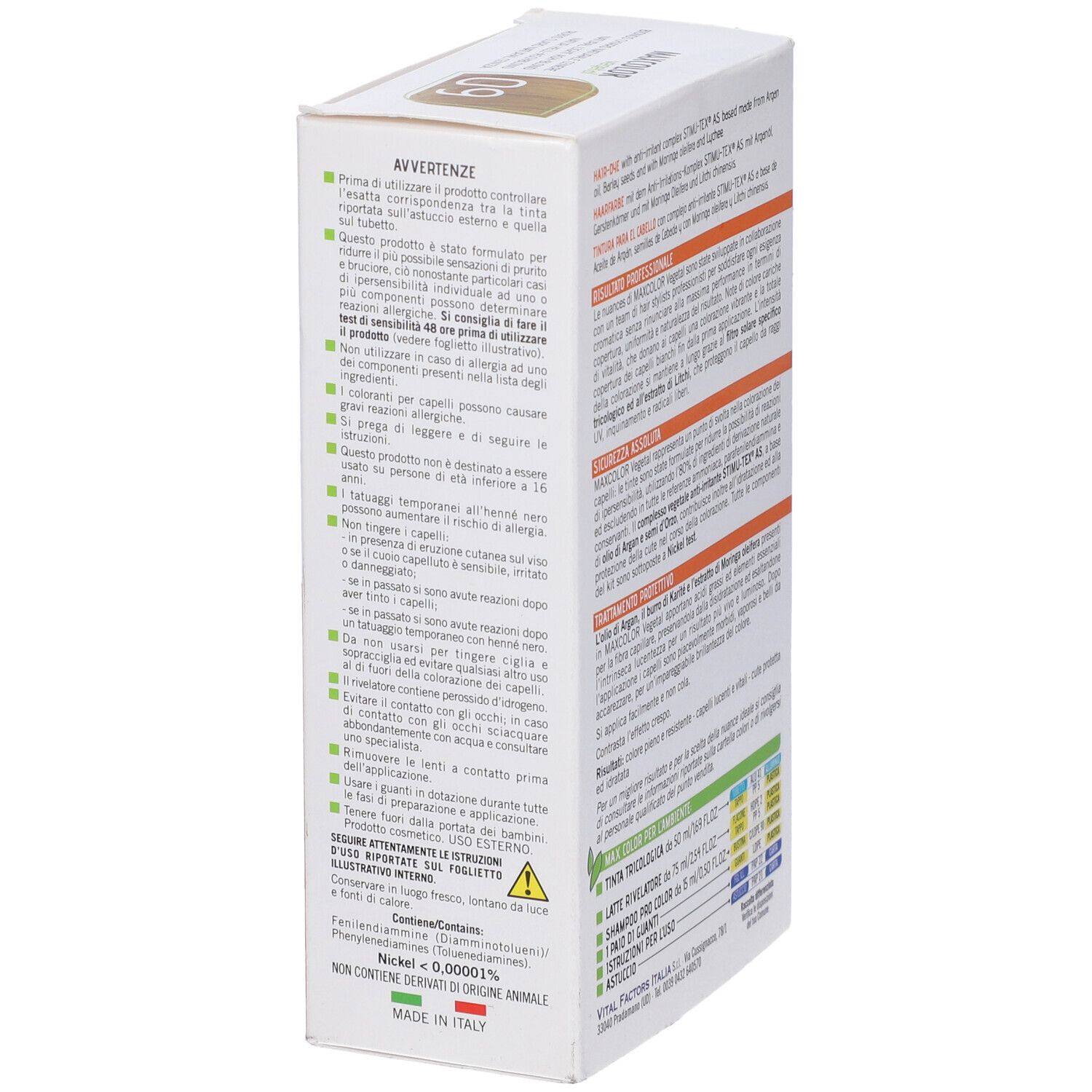 Scatola tinta per capelli Max Color Vegetal. Ingredienti. Vista laterale con informazioni.