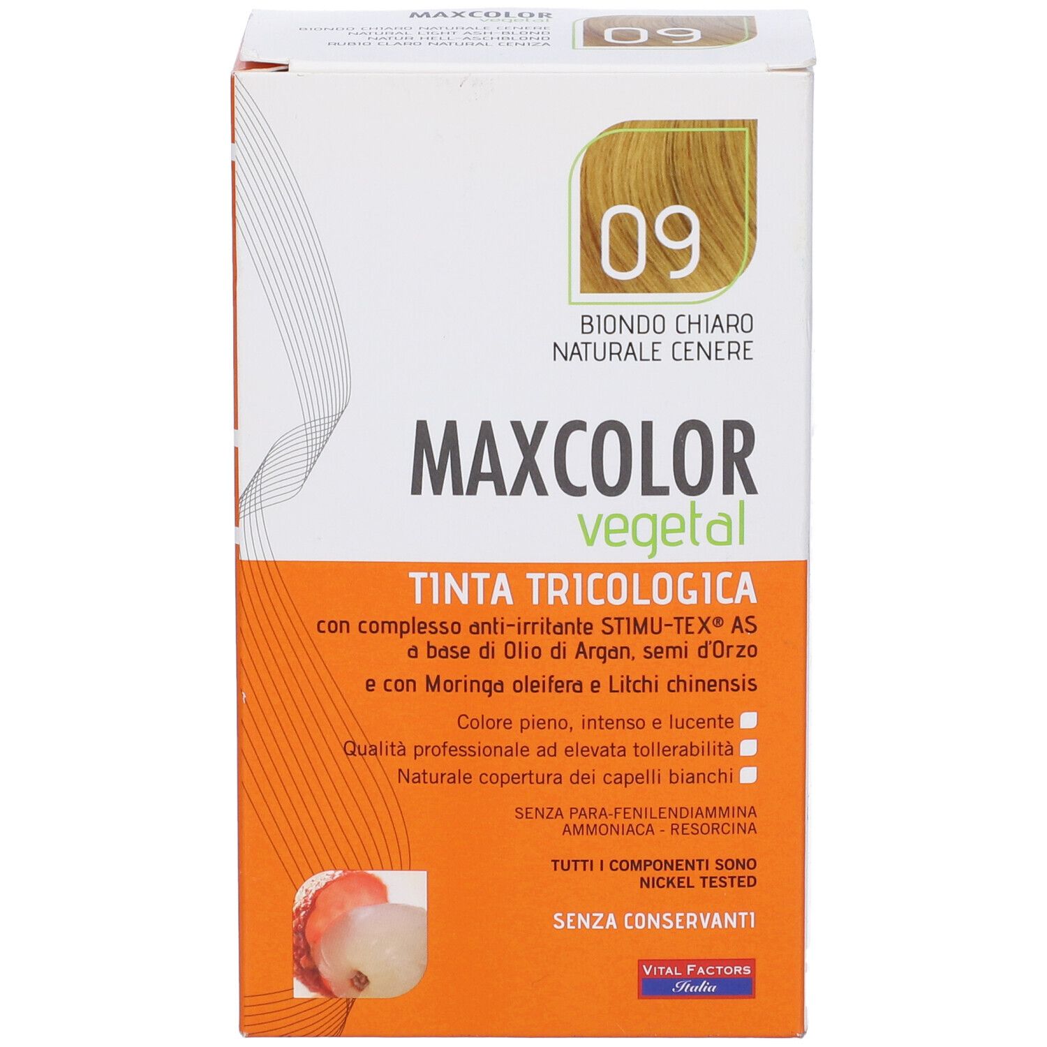 Scatola tinta per capelli Max Color Vegetal, tonalità 09, biondo chiaro cenere. Contiene olio di Argan e litchi.