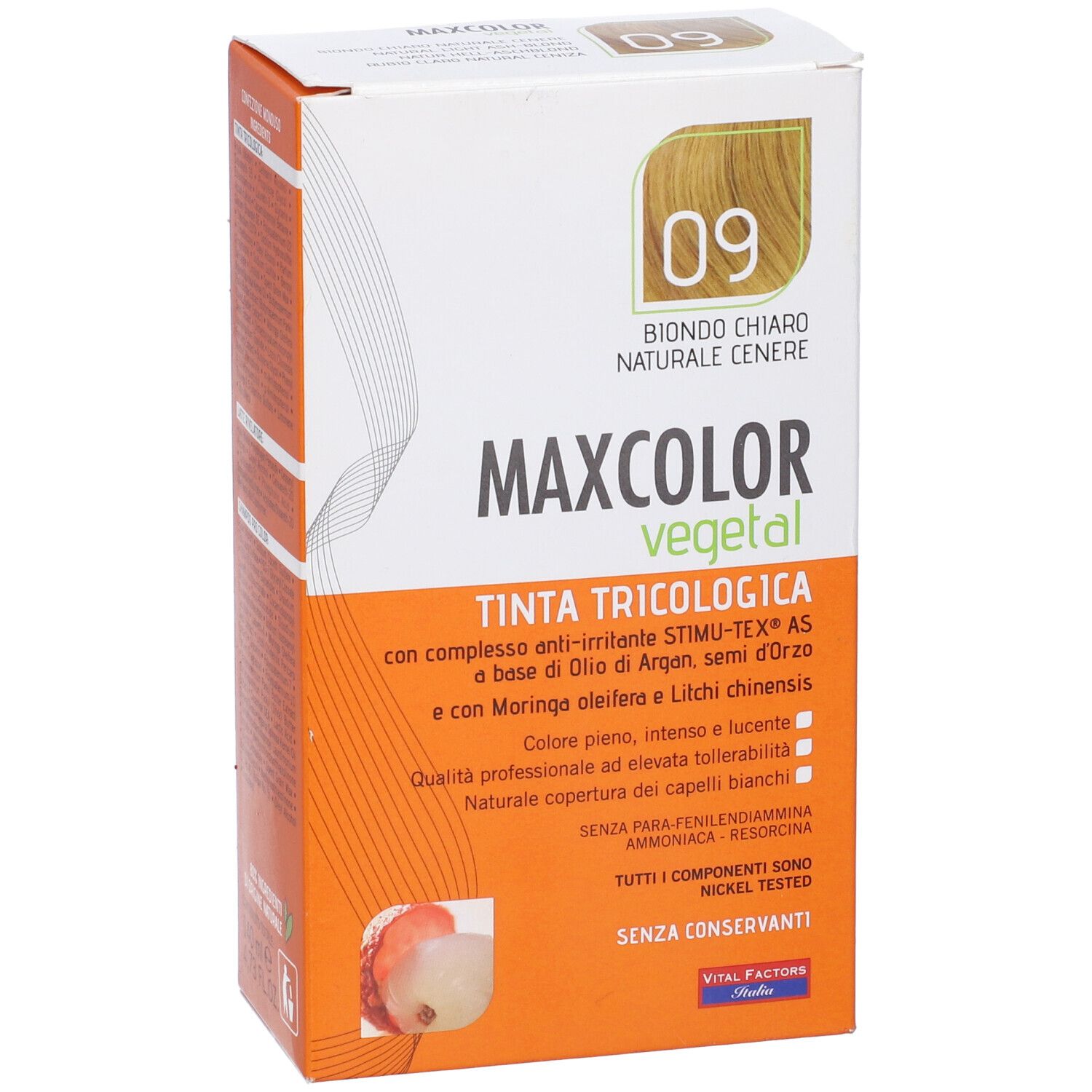 Scatola tinta per capelli Max Color Vegetal, tonalità 09, biondo chiaro cenere. Contiene olio di Argan e litchi.