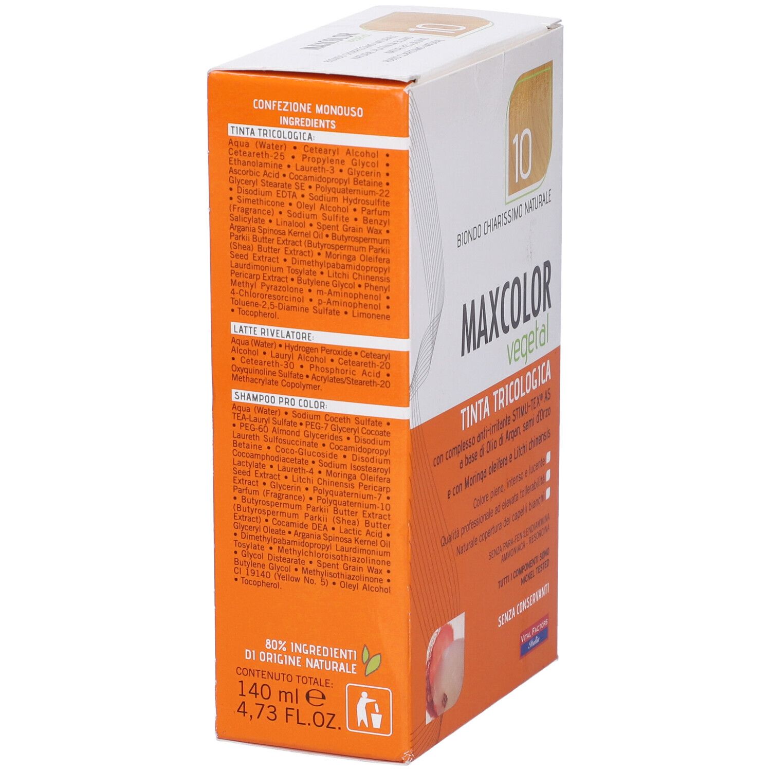 Confezione di Max Color Vegetal 10. Scritta: Biondo chiarissimo naturale. Contiene Tinta Tricologica.