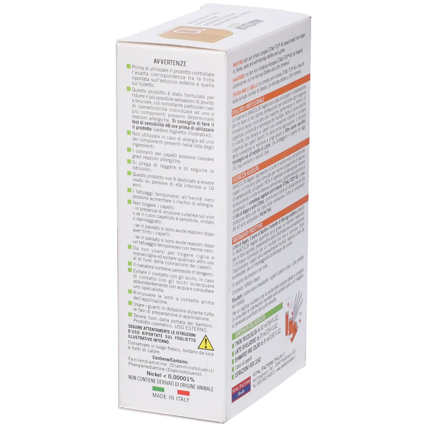 Confezione di Max Color Vegetal 10. Scritta: Biondo chiarissimo naturale. Contiene Tinta Tricologica.
