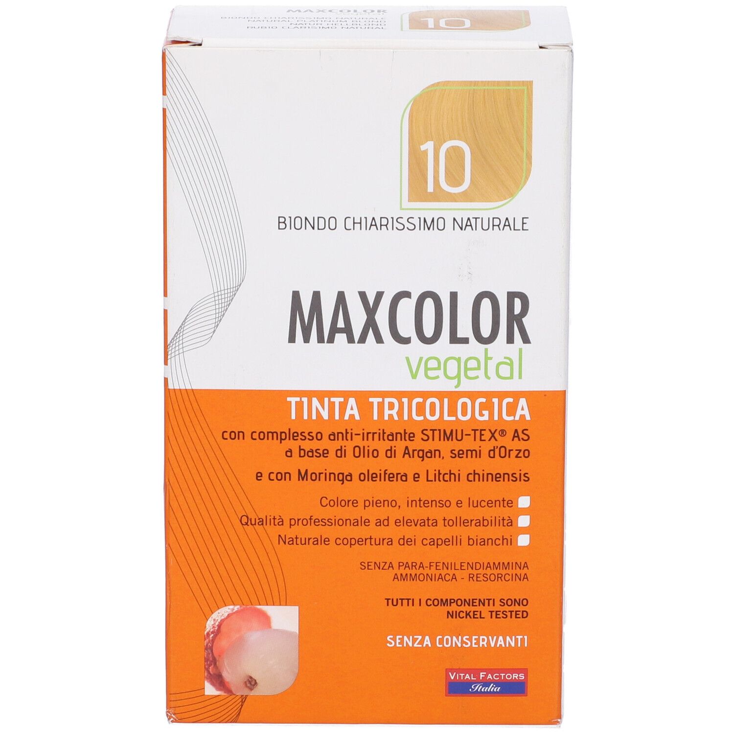 Confezione di Max Color Vegetal 10. Scritta: Biondo chiarissimo naturale. Contiene Tinta Tricologica.