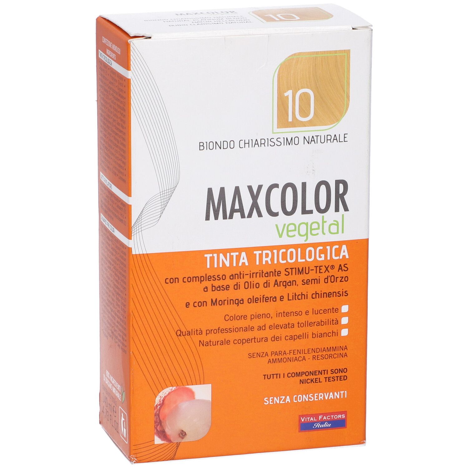 Confezione di Max Color Vegetal 10. Scritta: Biondo chiarissimo naturale. Contiene Tinta Tricologica.