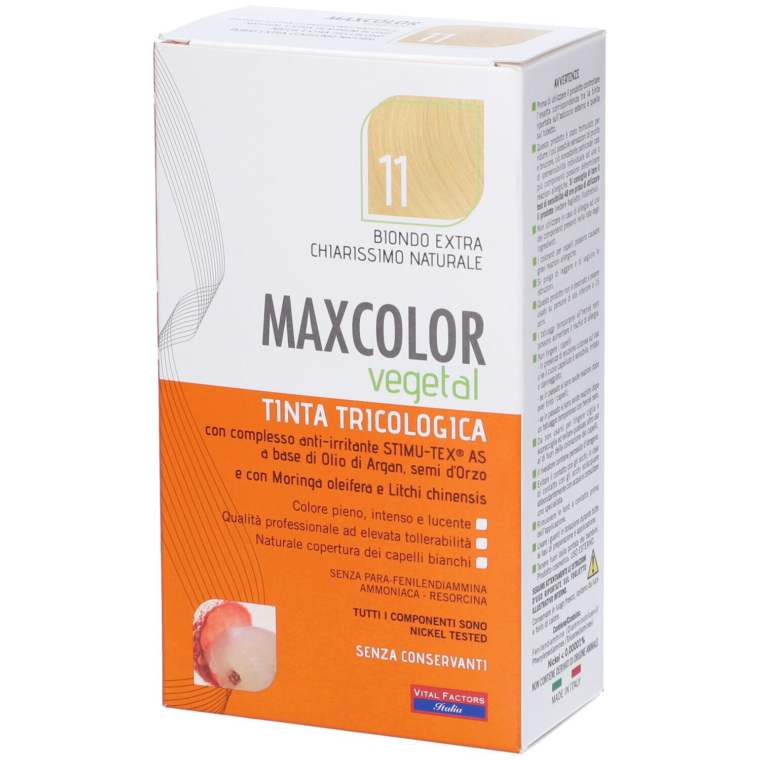 Confezione Max Color Vegetal 11. Biondo extra, schiaritura naturale. Contiene Tinta Tricologica.