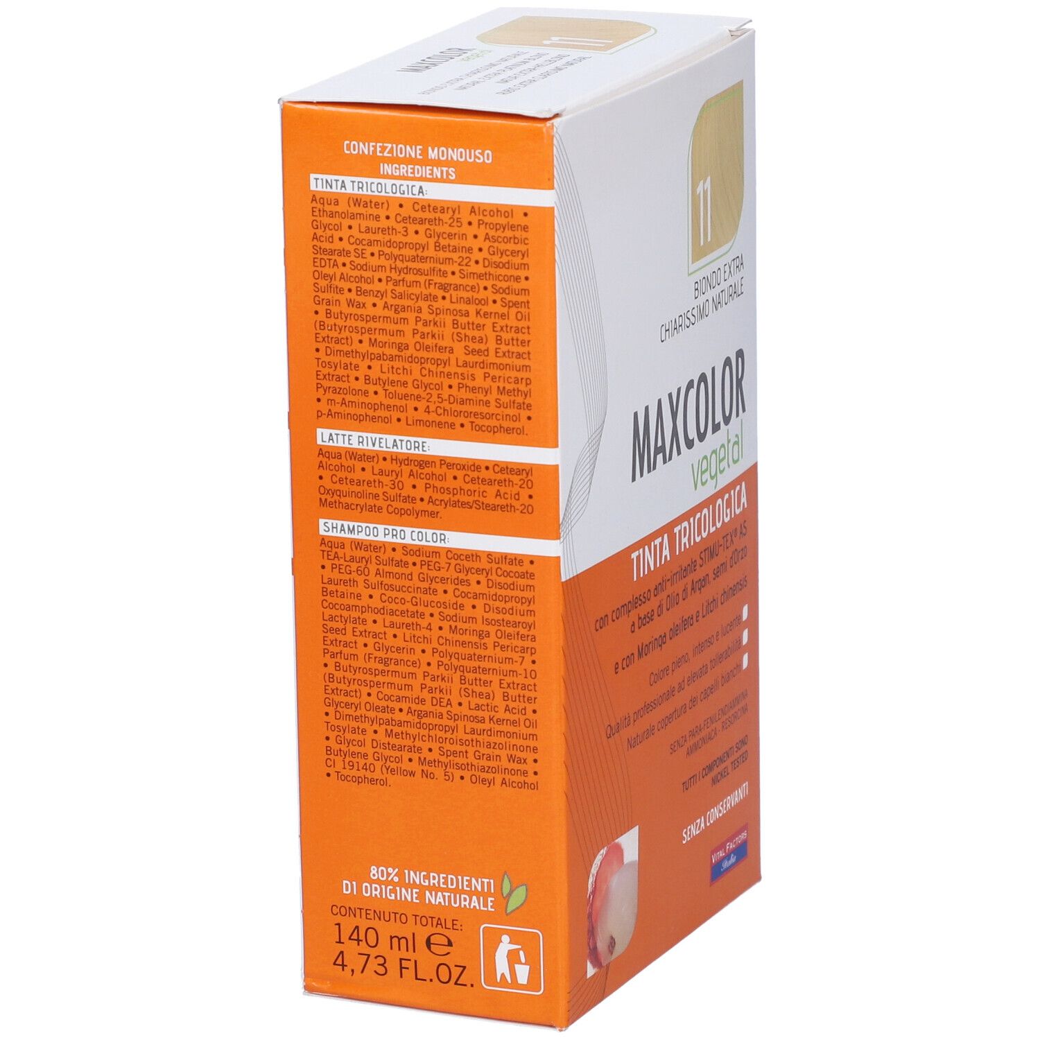 Vista laterale della confezione Max Color Vegetal 11. Contiene ingredienti e informazioni.