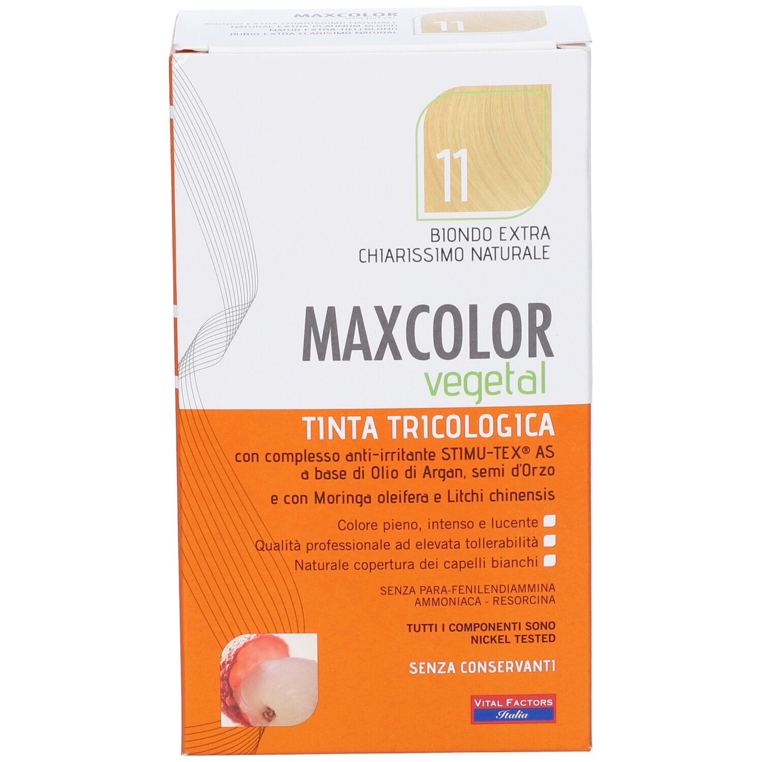 Confezione Max Color Vegetal 11. Biondo extra, schiaritura naturale. Contiene Tinta Tricologica.