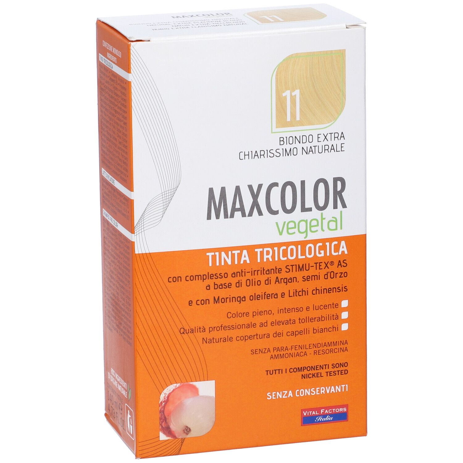 Confezione Max Color Vegetal 11. Biondo extra, schiaritura naturale. Contiene Tinta Tricologica.