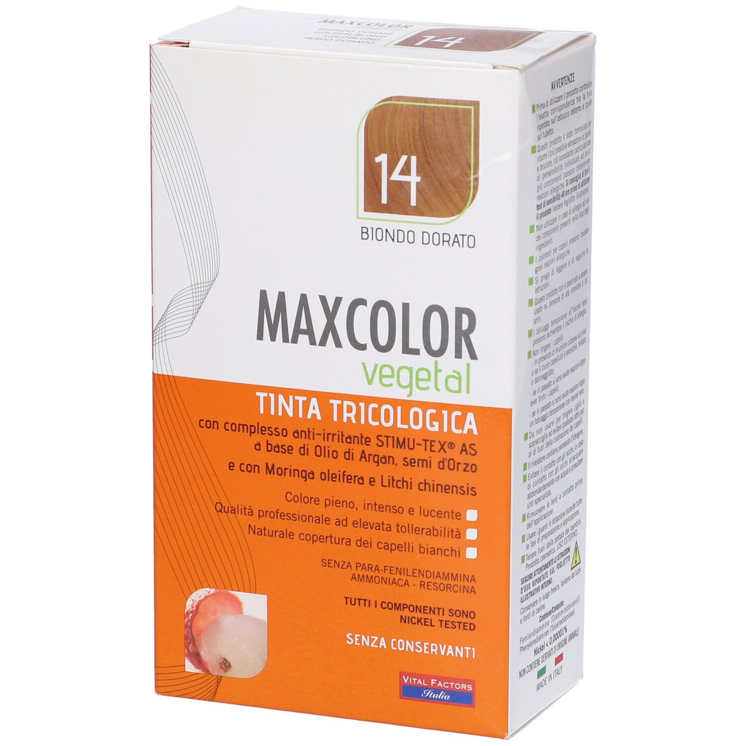 Confezione di tinta per capelli. Scritta: MAXCOLOR vegetal, tonalità 14 Biondo Dorato. Contiene olio di Argan e Moringa.