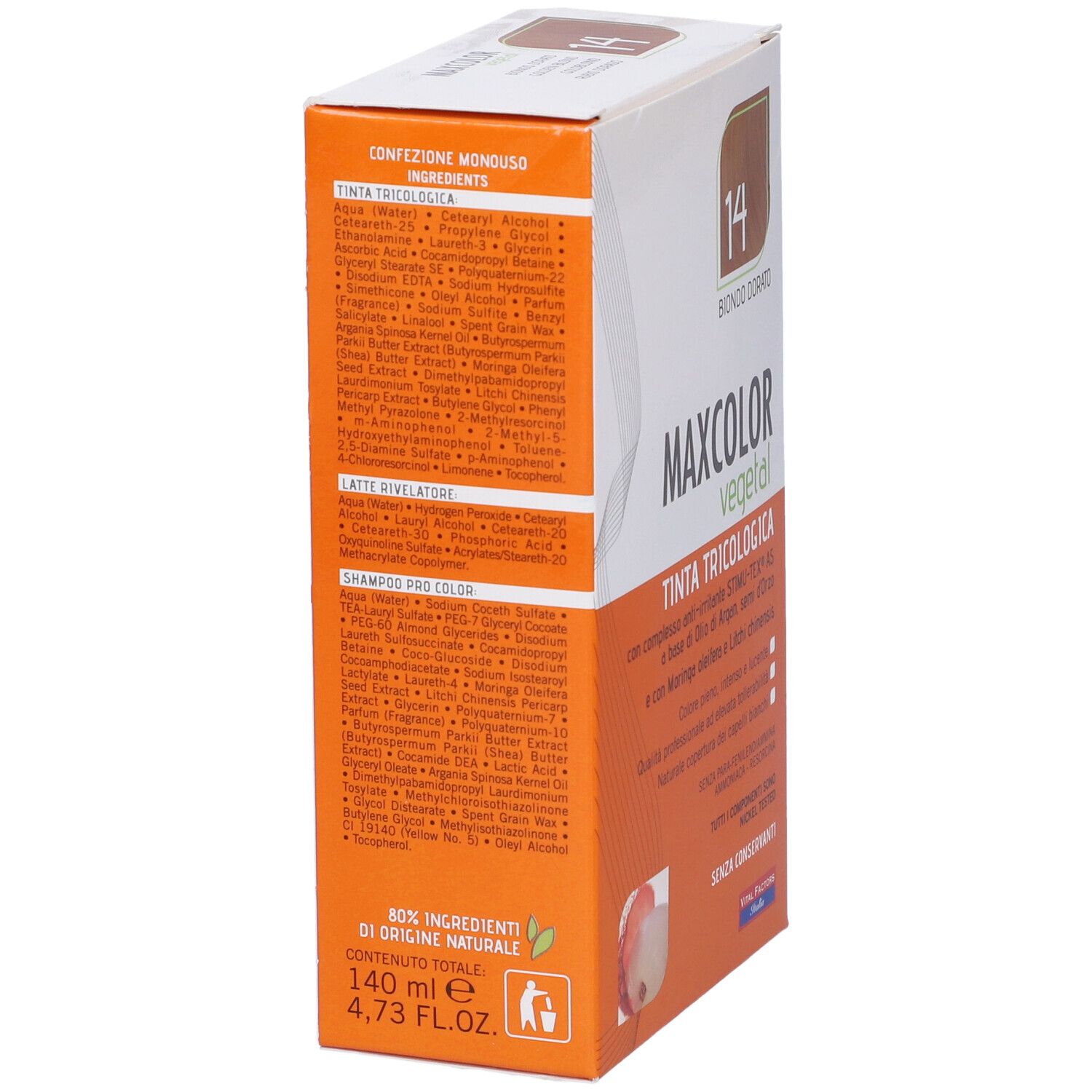 Vista laterale della confezione di tinta per capelli. Contiene l'elenco degli ingredienti e le informazioni sul prodotto. Scritta: MAXCOLOR vegetal, tonalità 14.