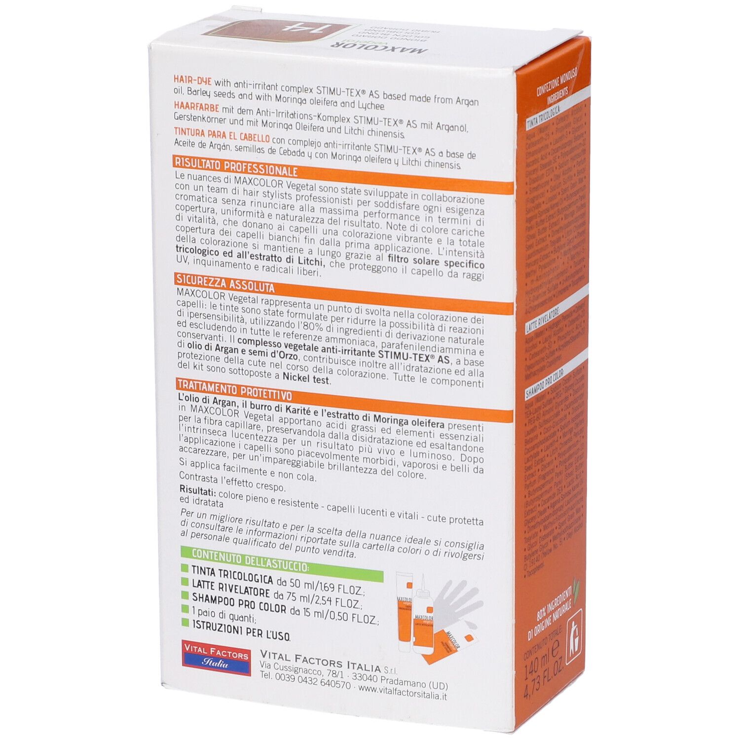 Retro della confezione di tinta per capelli. Contiene informazioni e istruzioni sul prodotto. Scritta: MAXCOLOR vegetal, tonalità 14. 140 ml.