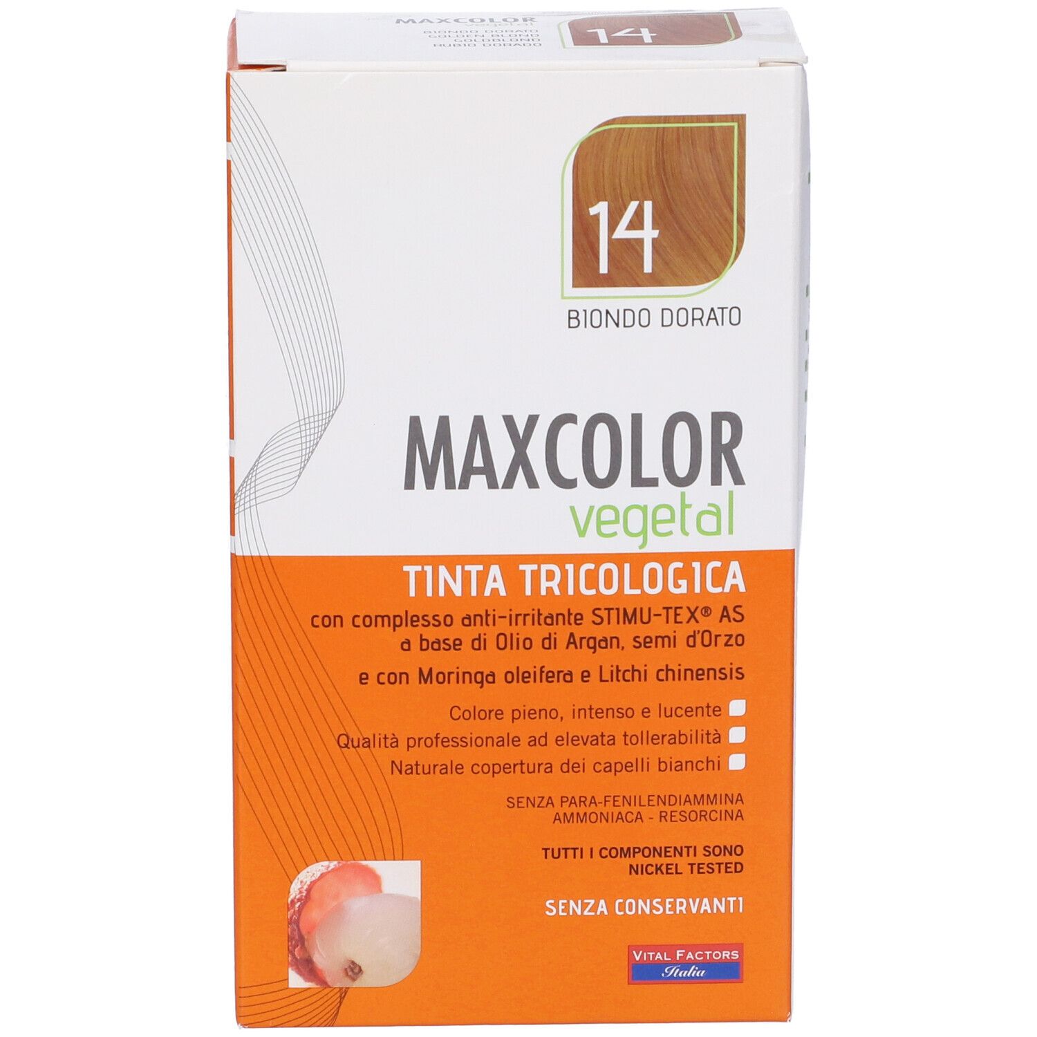 Confezione di tinta per capelli. Scritta: MAXCOLOR vegetal, tonalità 14 Biondo Dorato. Contiene olio di Argan e Moringa.