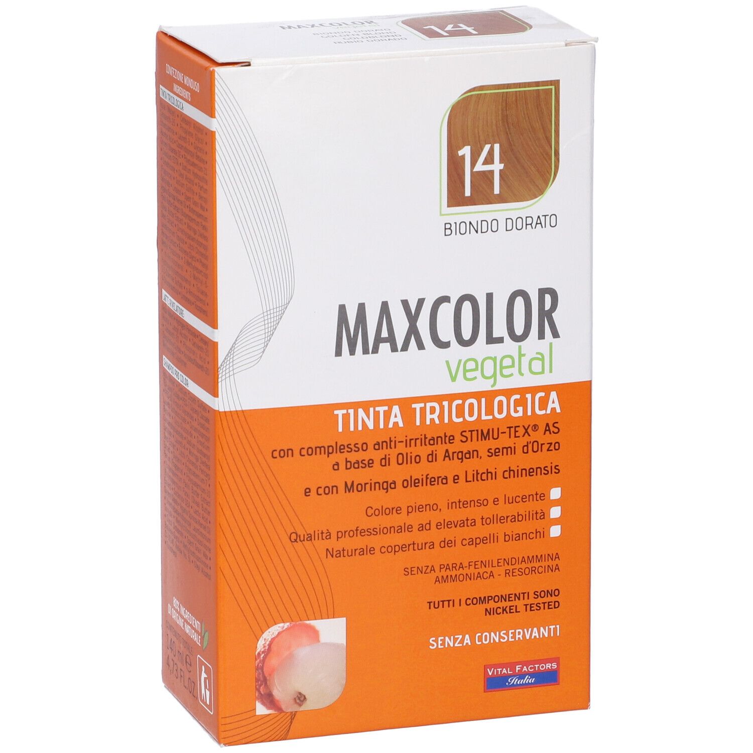 Confezione di tinta per capelli. Scritta: MAXCOLOR vegetal, tonalità 14 Biondo Dorato. Contiene olio di Argan e Moringa.
