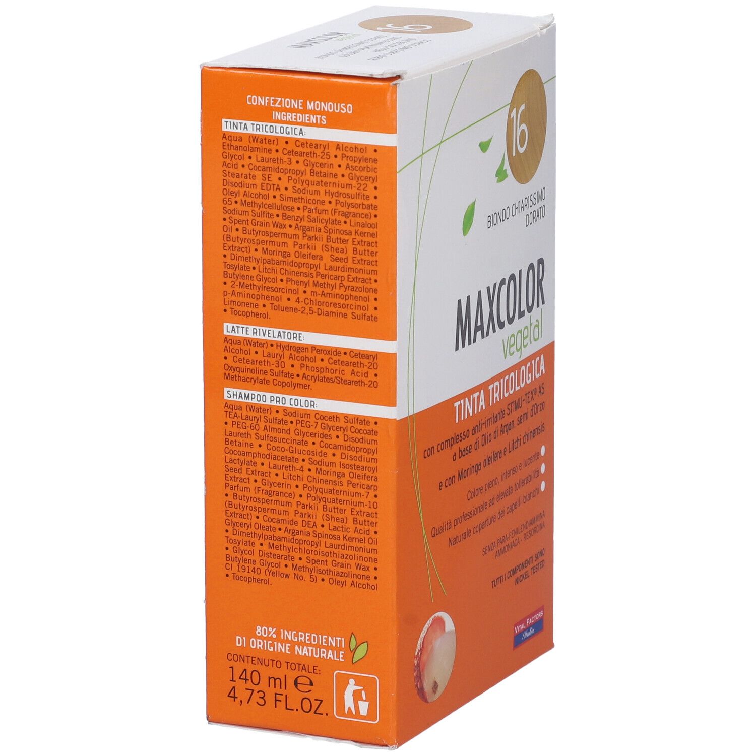 Vista laterale della confezione Max Color Vegetal 16. Contiene testo sugli ingredienti e informazioni sul prodotto. Sfondo arancione e bianco.