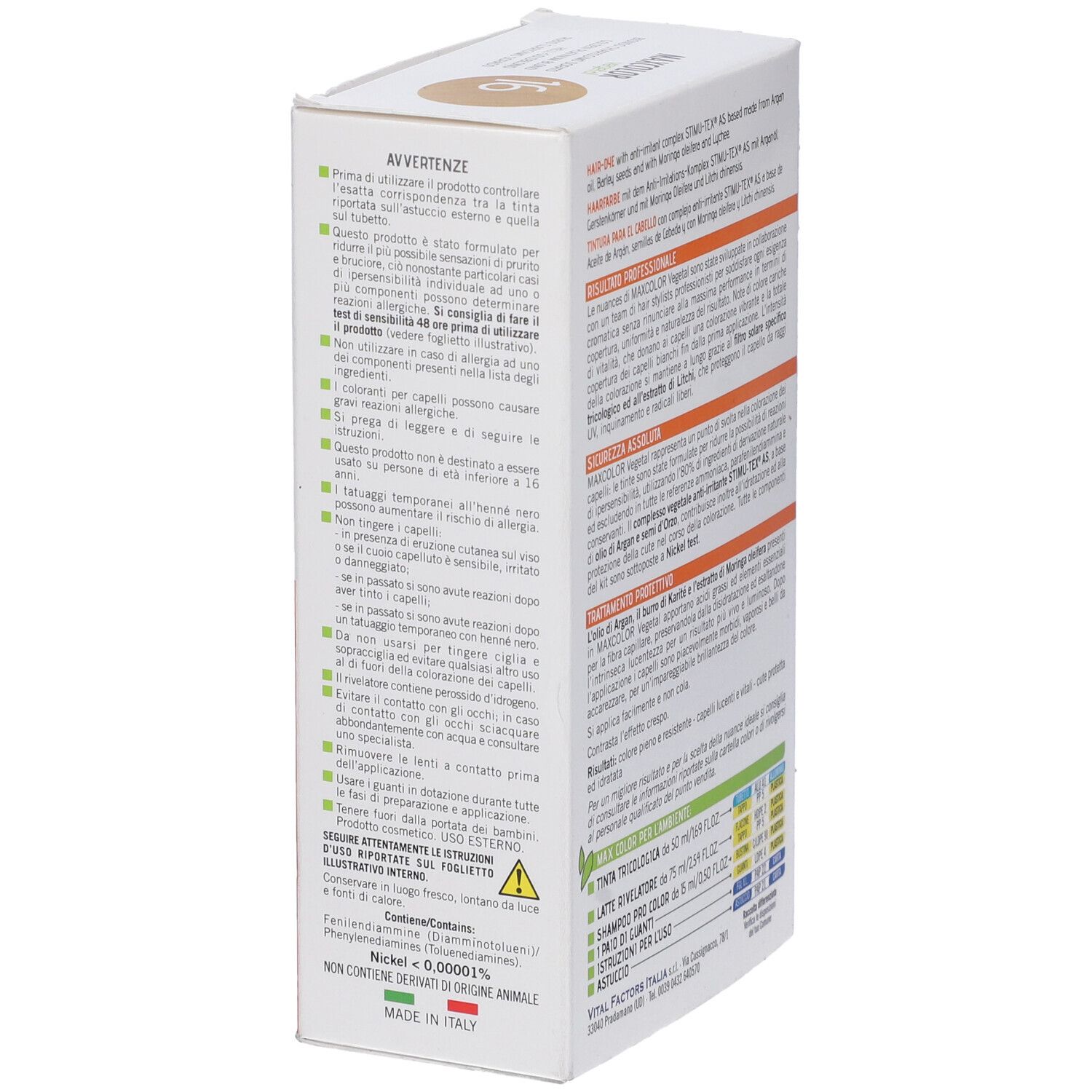 Vista laterale della confezione Max Color Vegetal 16. Contiene testo sulle precauzioni e sugli ingredienti. Sfondo arancione e bianco.
