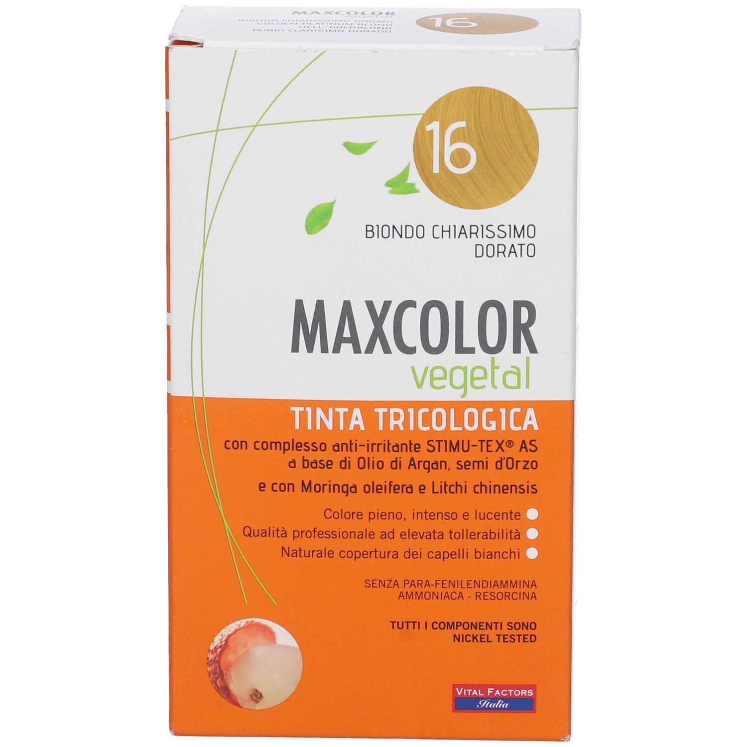 Vista frontale della confezione Max Color Vegetal 16. Scritta: Biondo Chiarissimo Dorato. Sfondo arancione e bianco. Contiene testo e logo.