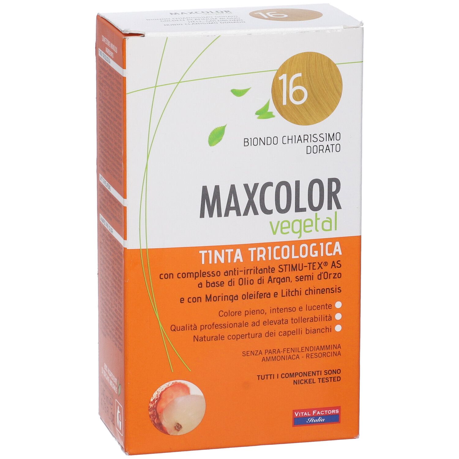 Vista frontale della confezione Max Color Vegetal 16. Scritta: Biondo Chiarissimo Dorato. Sfondo arancione e bianco. Contiene testo e logo.
