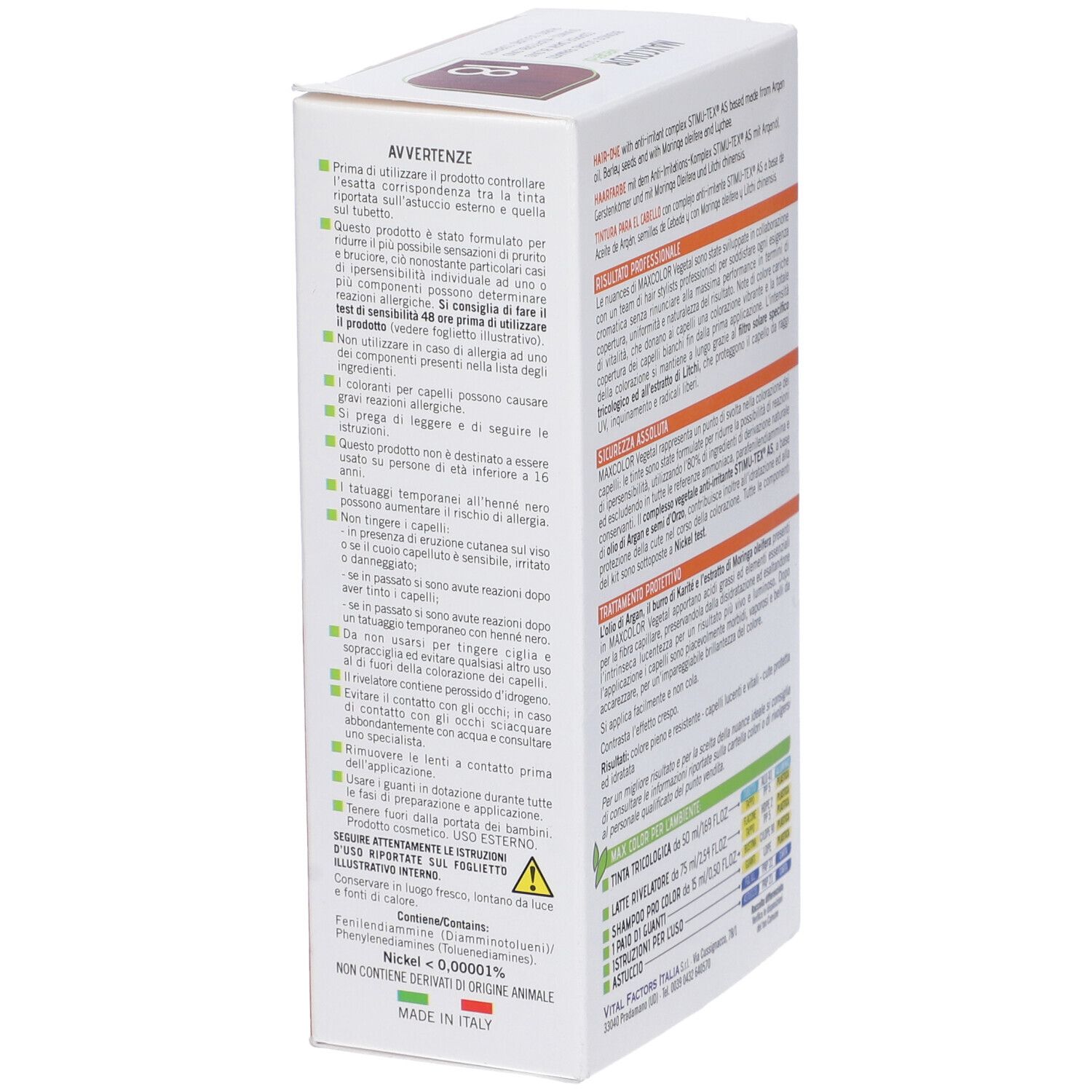 Lato della confezione Max Color Vegetal. Avvertenze e istruzioni per l'uso. Sfondo arancione.