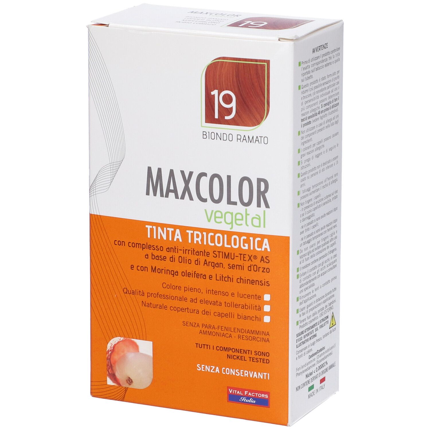 Confezione di Max Color Vegetal 19. Scritto Biondo Ramato, Tinta Tricologica. Contiene olio di Argan e Moringa.