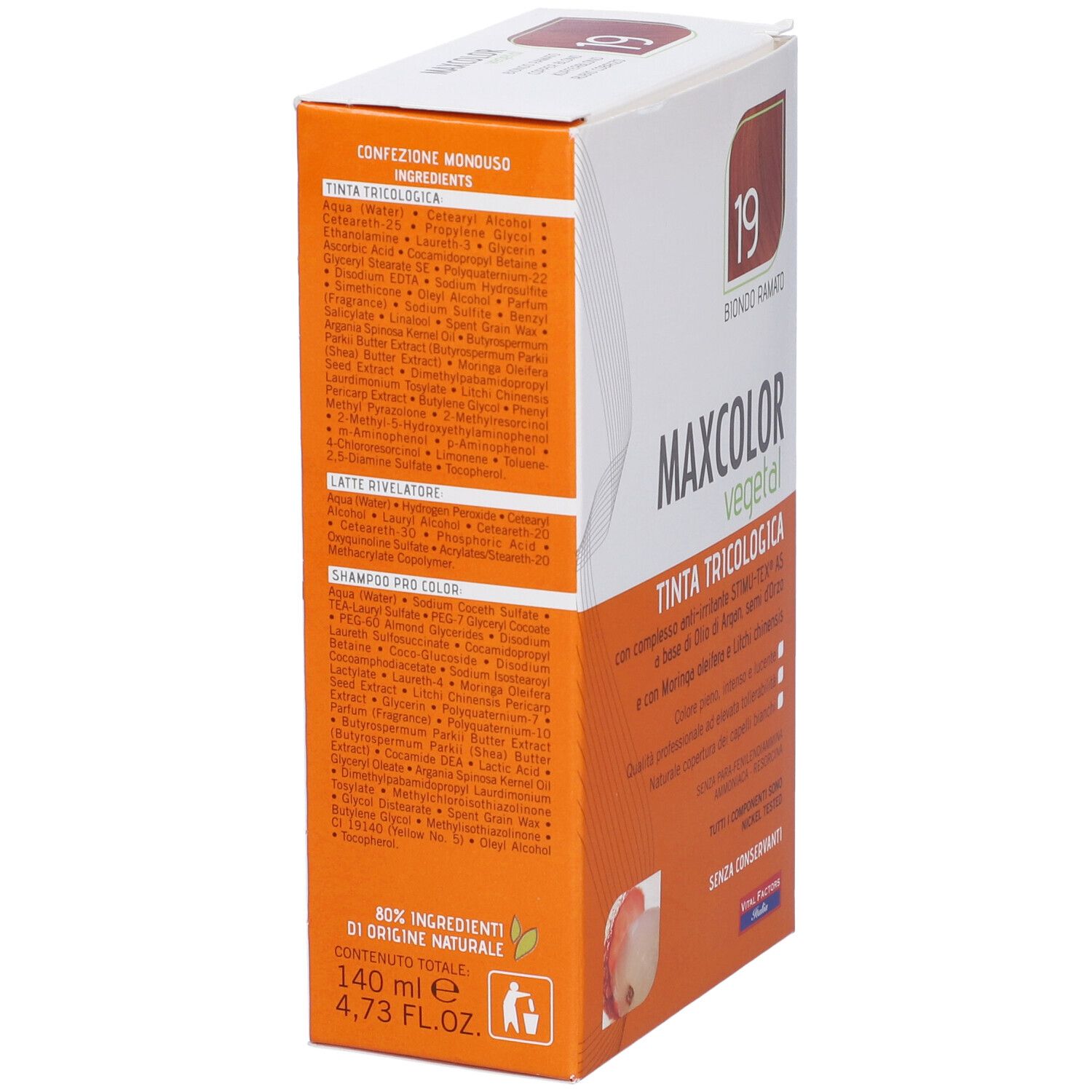 Vista laterale della confezione Max Color Vegetal 19. Ingredienti e volume: 140 ml.