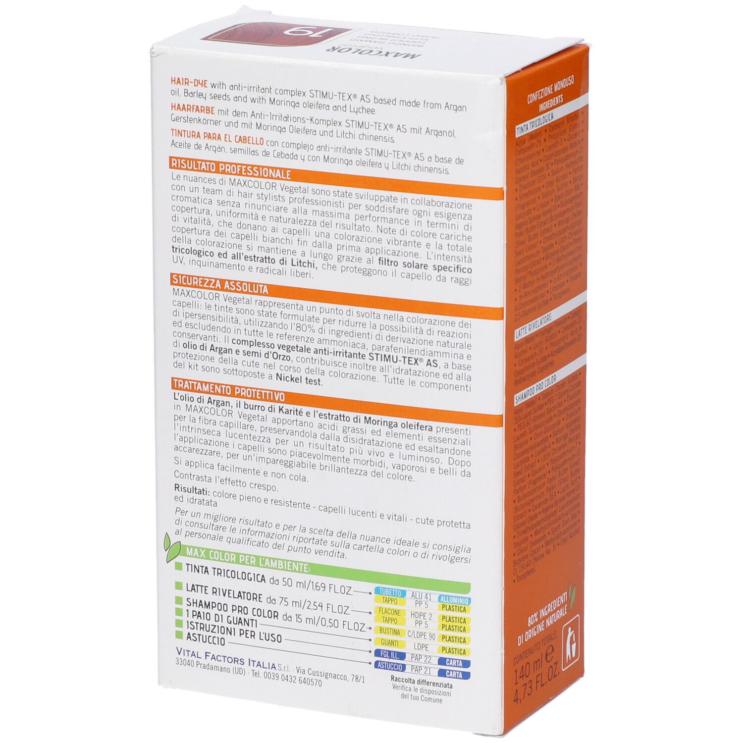 Retro della confezione Max Color Vegetal 19. Informazioni sugli ingredienti e l'uso.