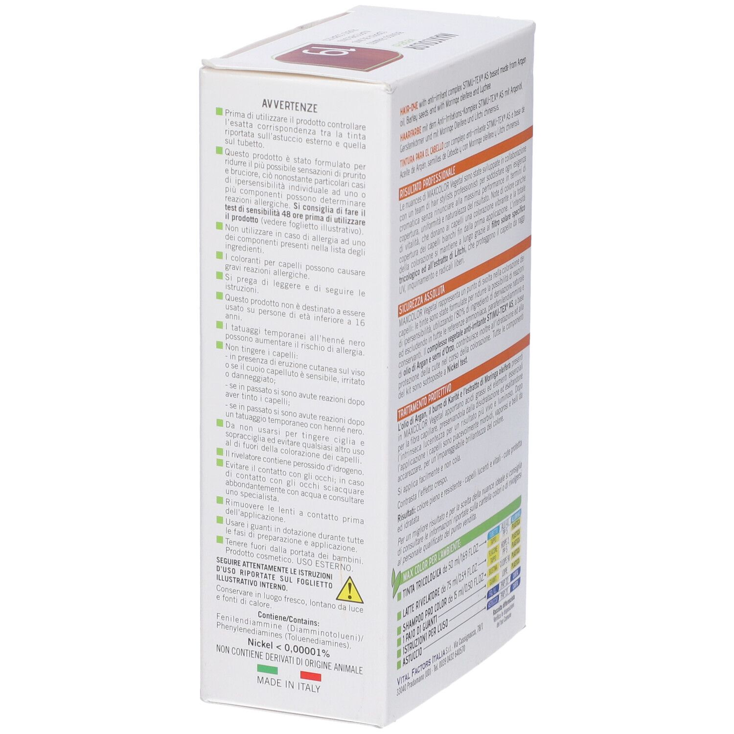 Confezione Max Color Vegetal 19. Contiene avvertenze e istruzioni per l'uso.