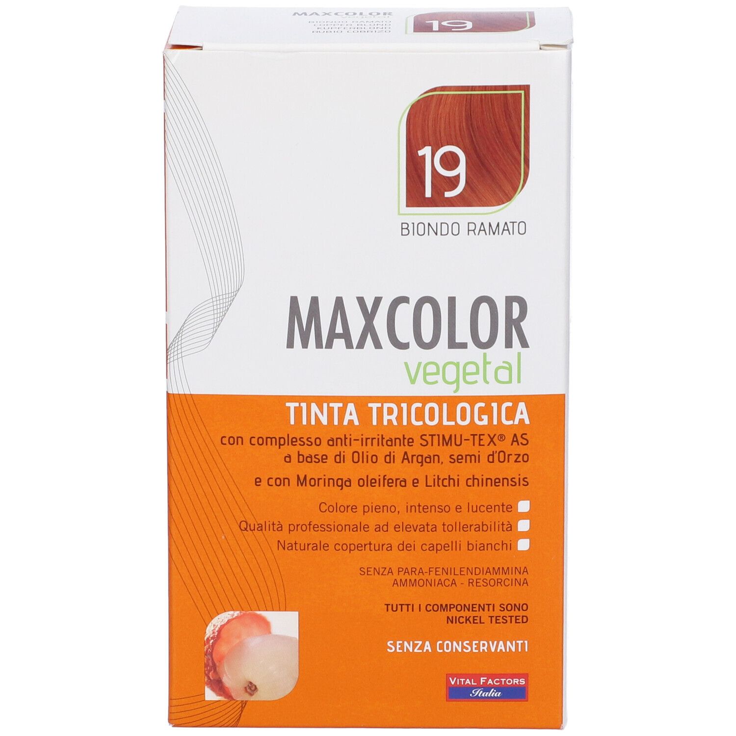 Confezione di Max Color Vegetal 19. Scritto Biondo Ramato, Tinta Tricologica. Contiene olio di Argan e Moringa.