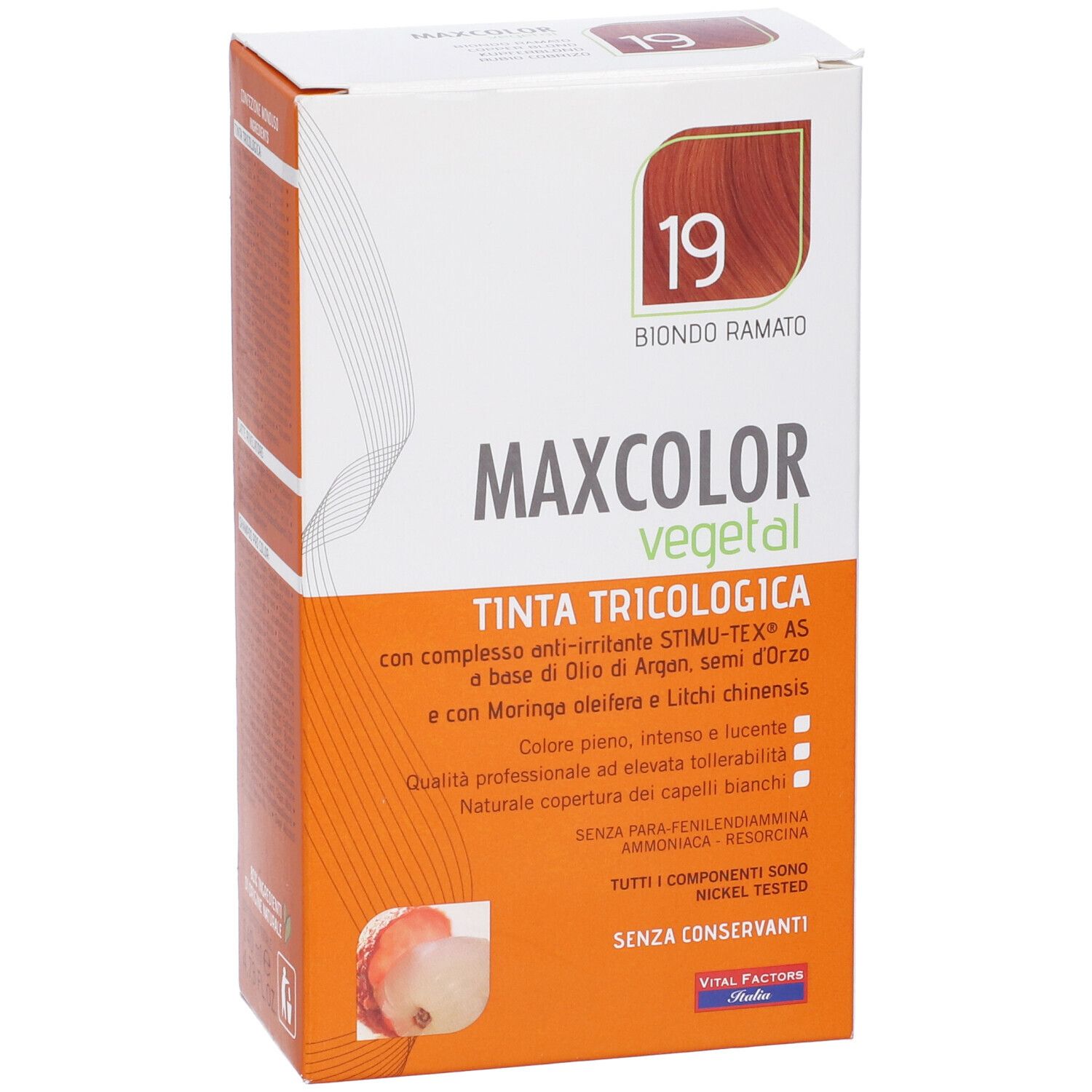 Confezione di Max Color Vegetal 19. Scritto Biondo Ramato, Tinta Tricologica. Contiene olio di Argan e Moringa.