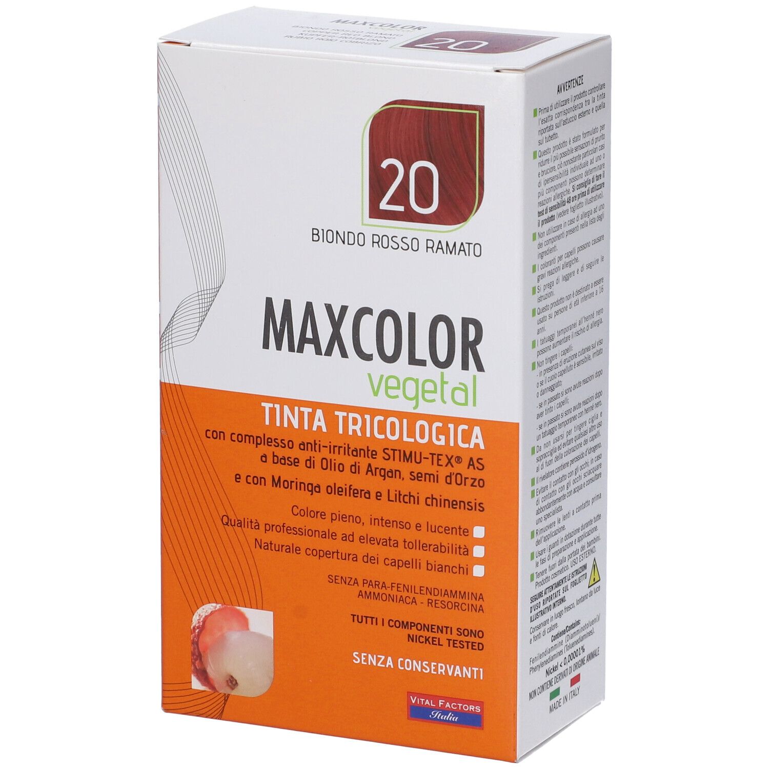 Confezione di tinta per capelli. Scatola bianca con dettagli arancioni. Scritto: Max Color Vegetal, tonalità 20, Biondo Rosso Ramato.
