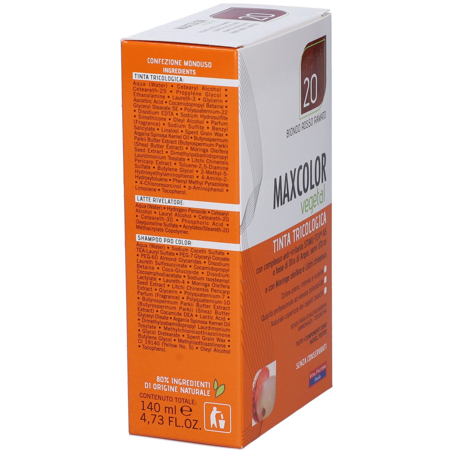 Confezione di tinta per capelli, vista laterale. Testo con ingredienti e informazioni. Scritto: Max Color Vegetal, tonalità 20.