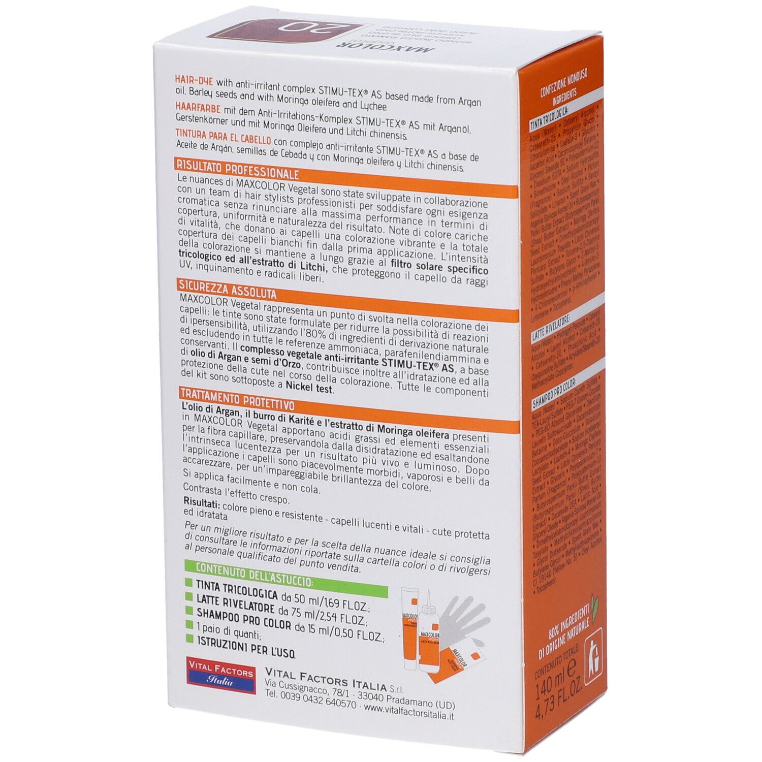 Confezione di tinta per capelli, retro con testo. Scritto: Max Color Vegetal, tonalità 20. Informazioni sull'uso e sugli ingredienti.