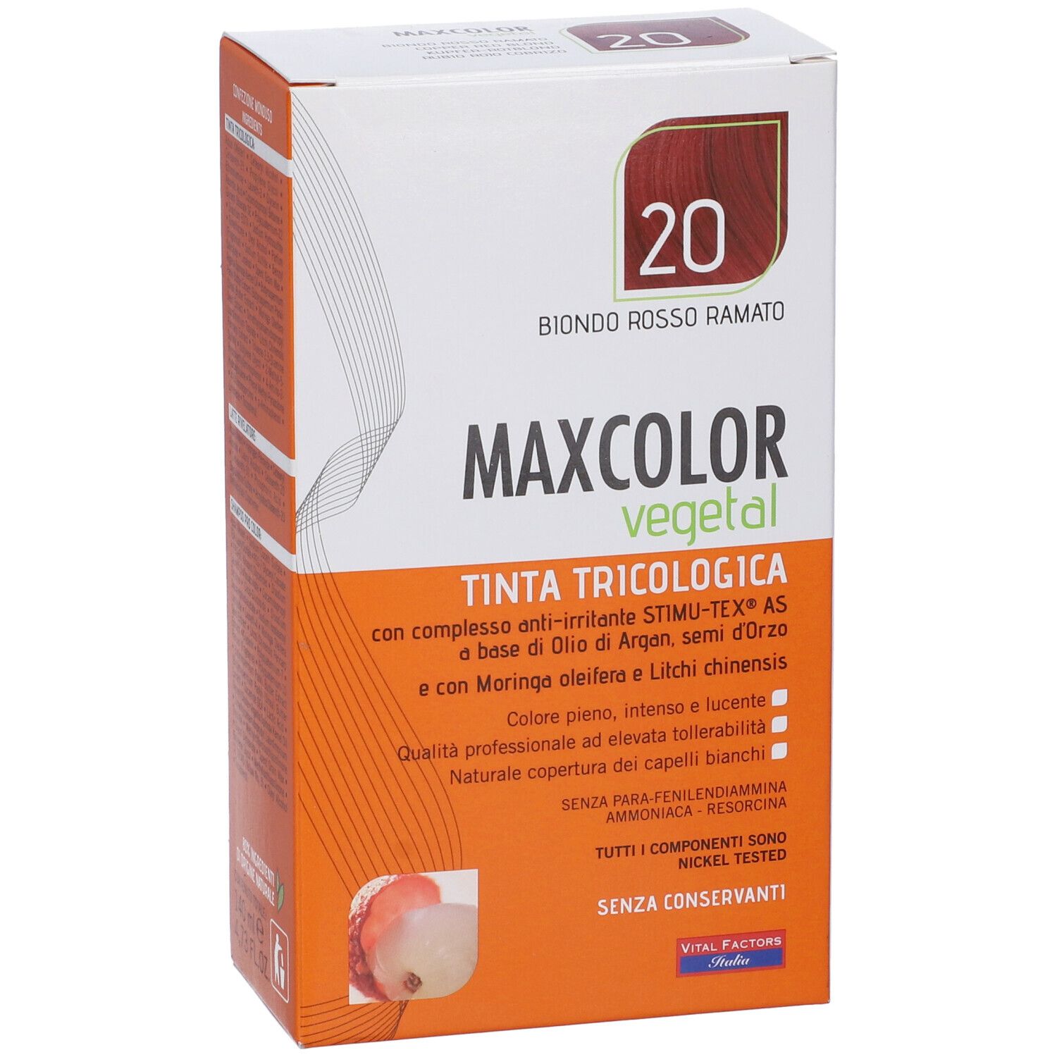 Confezione di tinta per capelli. Scatola bianca con dettagli arancioni. Scritto: Max Color Vegetal, tonalità 20, Biondo Rosso Ramato.