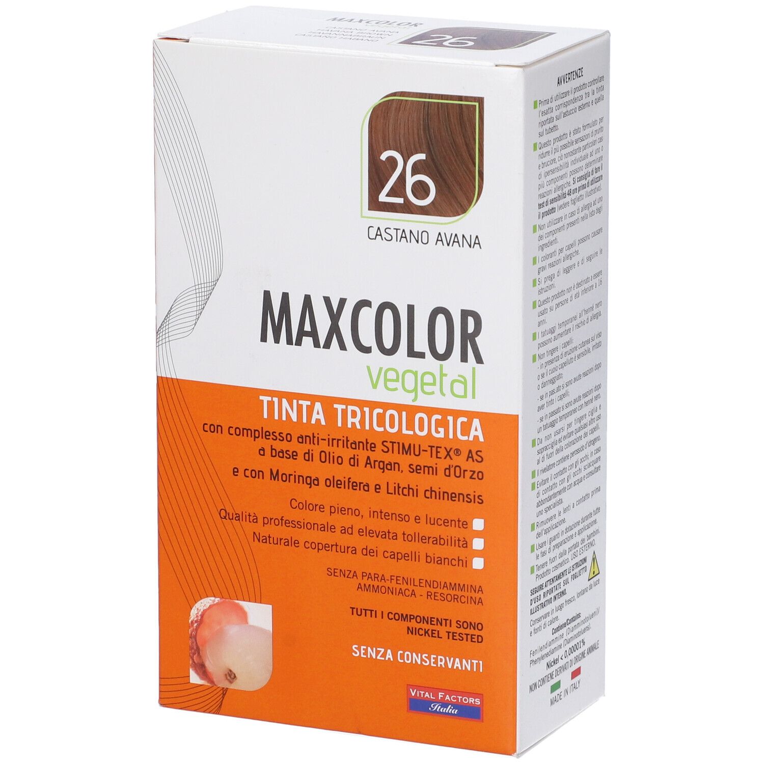 Confezione di Max Color Vegetal 26. Tinta castano avana. Contiene testo sugli ingredienti e le caratteristiche.