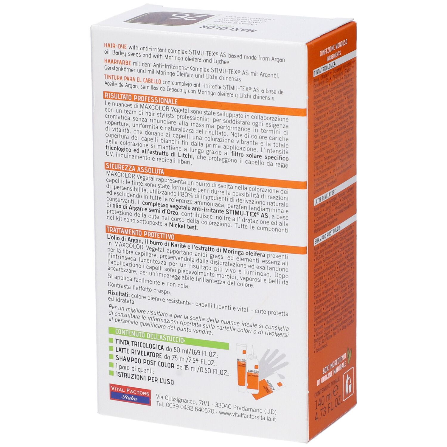 Retro della confezione di Max Color Vegetal 26. Contiene testo su ingredienti, utilizzo e avvertenze.